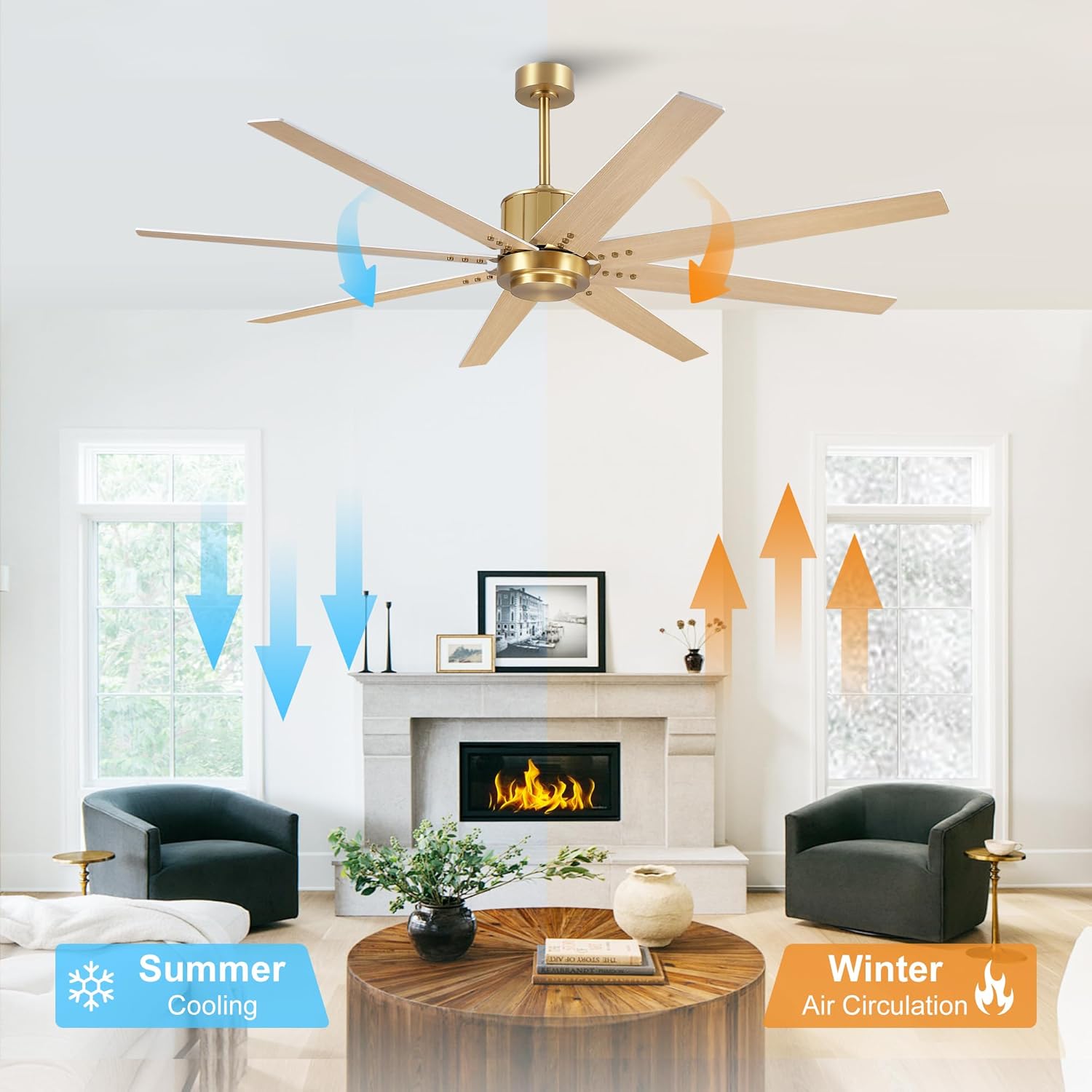 WINGBO 72" Ceiling Fan without Light, Modern Large Ceiling Fan with Remote Control, 6-Speed Reversible Noiseless DC Motor, Gold and White/Oak Blades for Living Room, Bedroom & Covered Outdoor