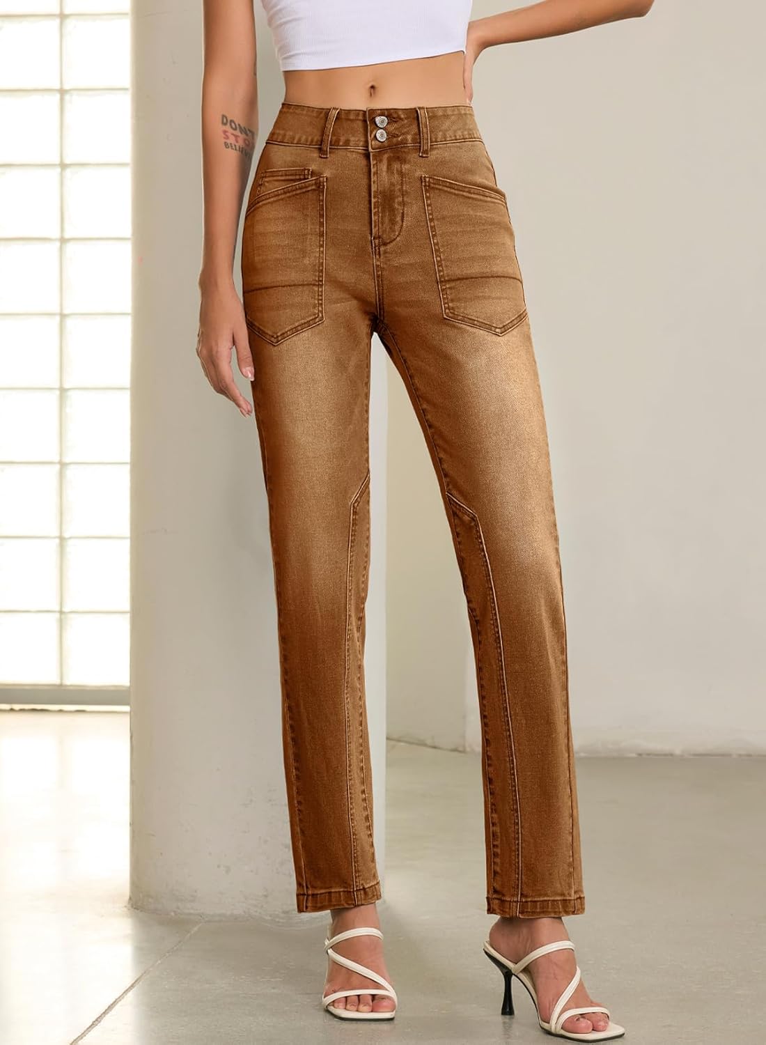 EVALESS Jeans for Women High Waisted Stretchy Trendy Paneling Straight Leg Relaxed Fit Ankle Denim Pants - Image 3