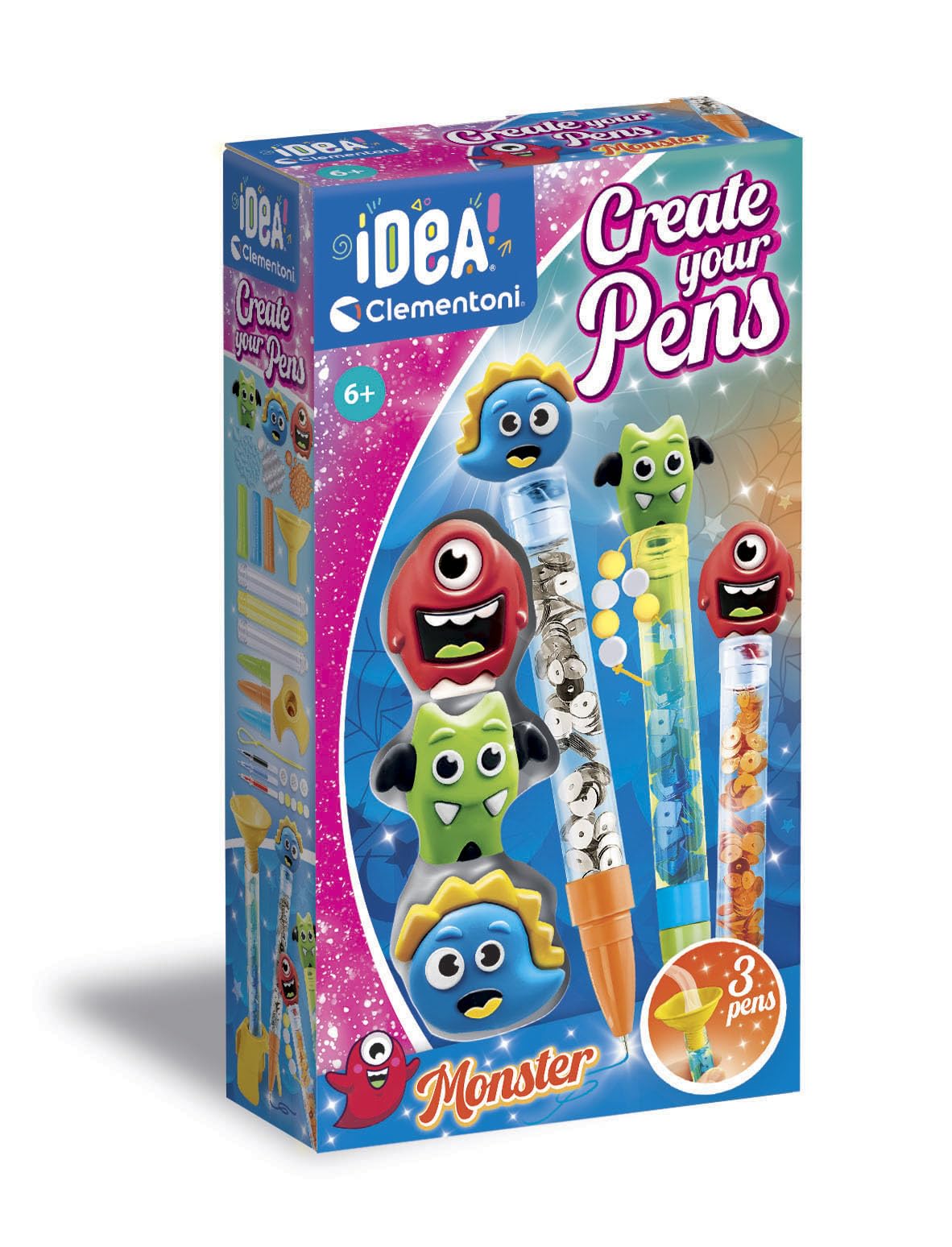 Clementoni Idea - Create Your Pens: Monster, Laboratorio delle Penne Personalizzate, Kit Creativo per Bambini 6+ Anni, con 3 Penne Personalizzabili con Inchiostri e Accessori, 18828