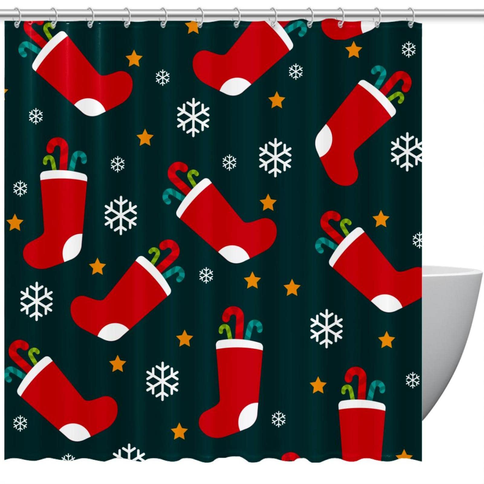 Rideau de douche de Noël rouge avec crochets pour salle de bain d'enfants