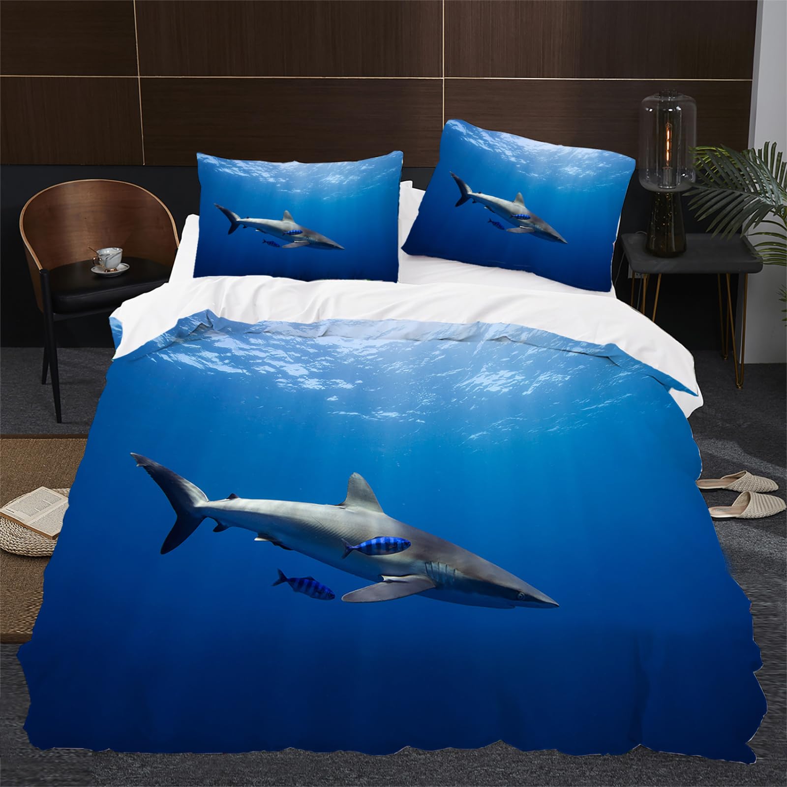Housse de couette requin 220x240 en microfibre thermorégulatrice pour lit 2 personnes