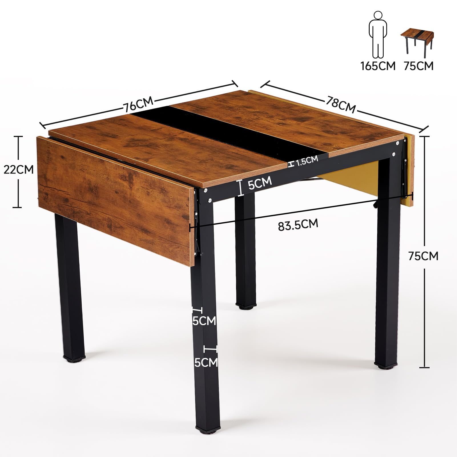 HAUSPROFI Klappbarer Esstisch, Küchentisch, 120 x 78 x75 cm klappbarer Küchentisch für 2-4 Personen, für kleine Räume, Küche, Wohnzimmer, Wohnung, vintagebraun-tintenschwarz
