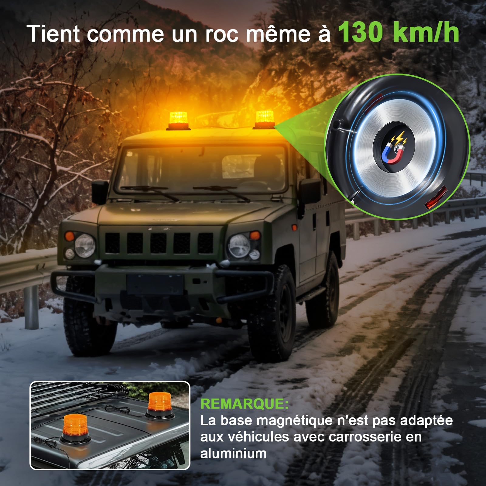 Gyrophare LED Magnétique Orange 12-24V pour Tracteur, Lot de 2 | IP67 Étanche, Câble 4,8 m Allume-Cigare, 7 Modes de Flash, pour Chantier et Camion