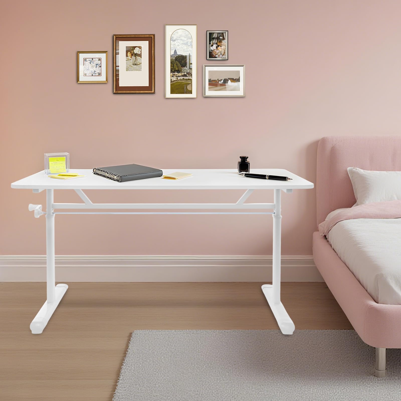 Scrivania manuale regolabile in altezza, 120 x 60 cm, tavolo da studio, capacità di carico 100 kg, per ufficio, soggiorno, camera da letto (bianco)