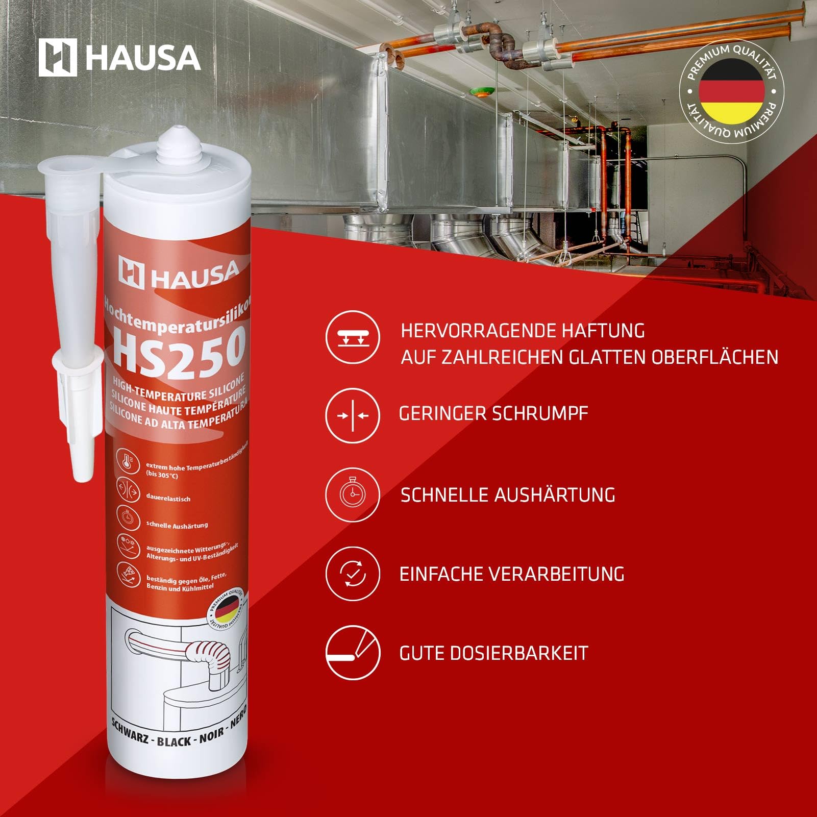 Hausa HS250 Profi Hochtemperatur Silikon schwarz 24 x 300ml Kartuschen Dichtmasse +305°C Dichtstoff zum Kleben Abdichten von Öfen Kochfeldern Motoren dauerelastisch Öl-, Benzin- & Hitzebeständig