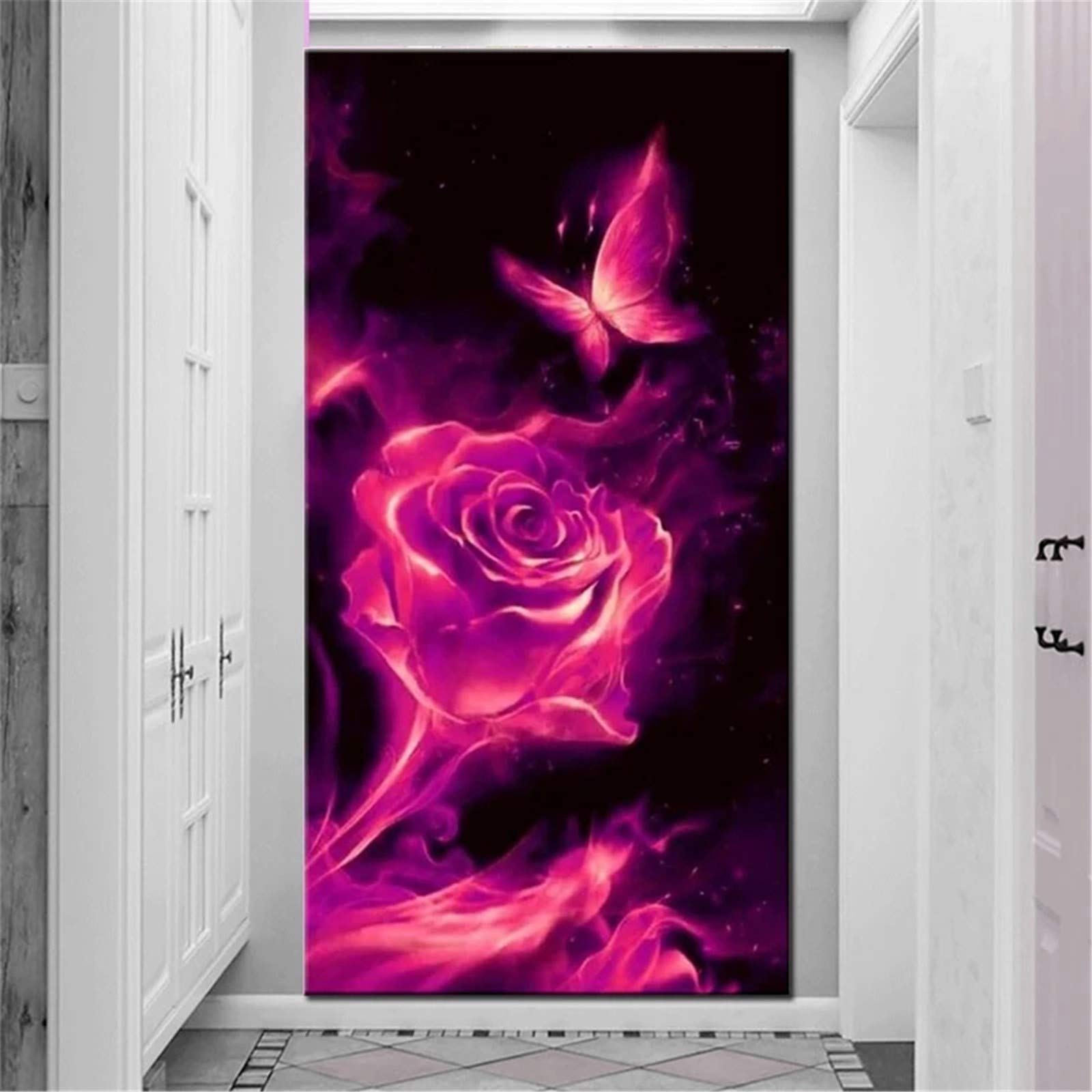 Peinture diamant papillon rose de feu pour créer une décoration murale de salon unique