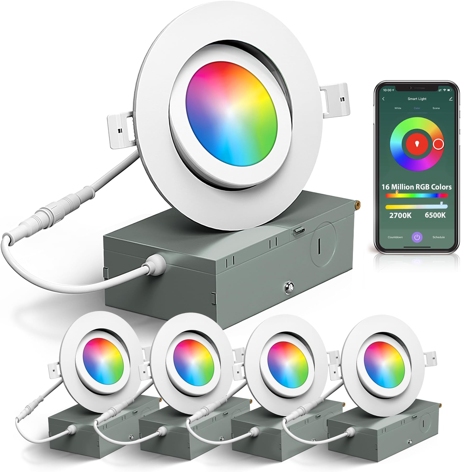 Glowray 4 Inch Gimbal Smart WiFi Recessed canless Lights dimmable-10W 750 Lumens RGB Color Changing, LED Ceiling Spotlights Mobile App Apple/Alexa/Google Assistant ETL IC Rated