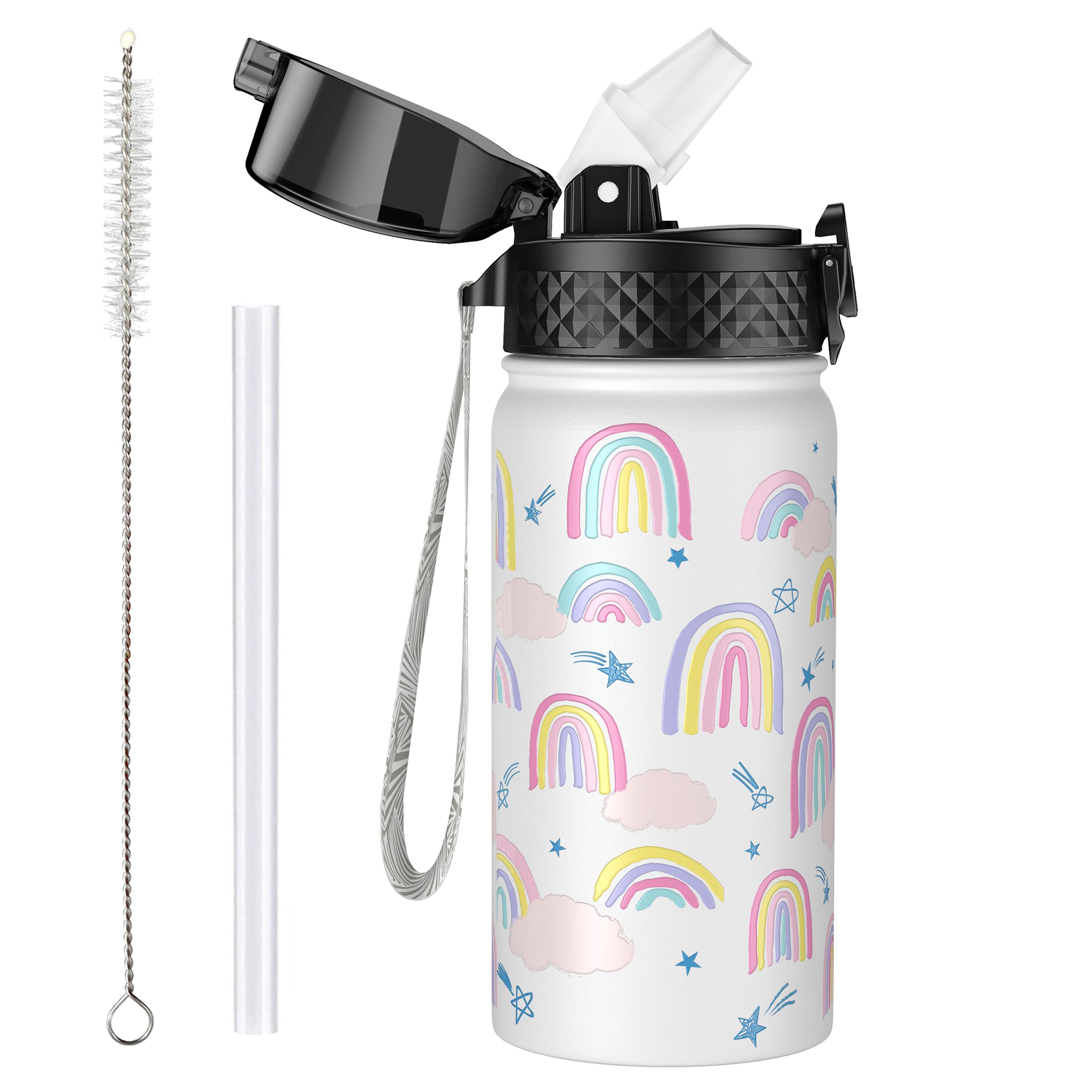 OLDLEY 420ml/14oz Kids Stainless Steel Water Bottle with Straw for School Insulated Metal Water Bottles Leakproof Reusable Double Wall Vacuum Small Flask Keep Drinks Hot Cold for Boys Girls (Rainbow)