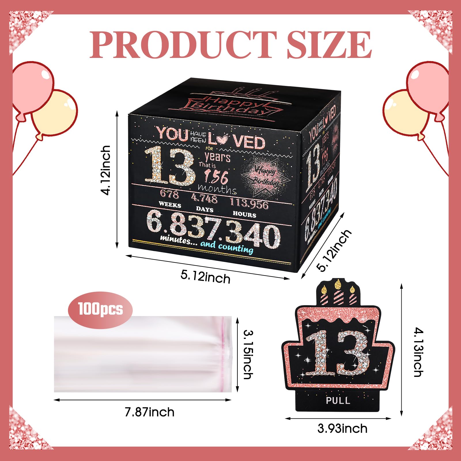 TOYEISHI 13 Money Gift Box, 13th birthday decorations for girls, gifts for 13 year old girl, 13 year old girl birthday gift ideas, teenager gifts ideas 100PCS Bags - Black & Rose Gold