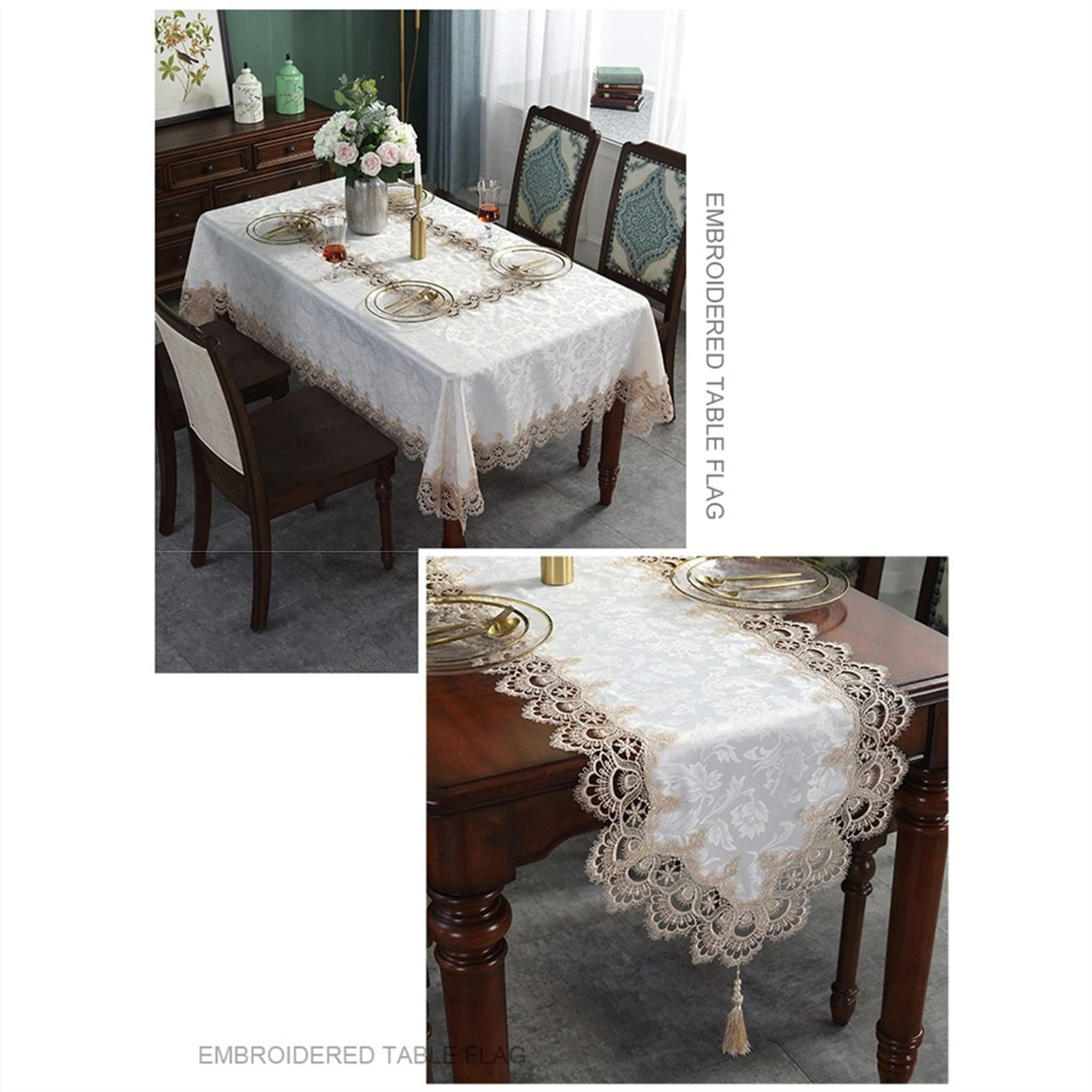 Chemins de Table, Fine Vintage Dentelle Blanc Simple rectangulaire avec Gland Table Basse Tissu Cuisine Maison hôtel Nappe Moderne Mode Coureurs(150 * 220cm)