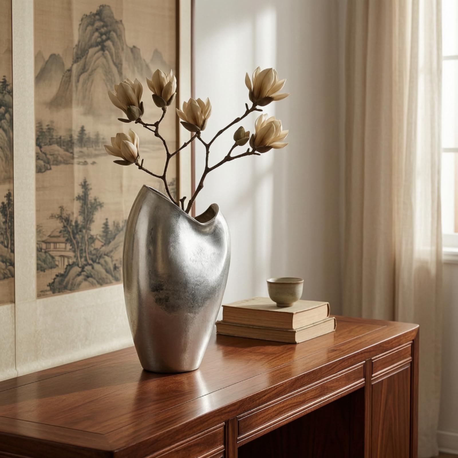 Vaso in Alluminio Metallico Bocca Obliqua Bocca Obliqua Argentato per Appassionati di Design, Soggiorno, Piccolo, 20 8 H33cm, Vaso Obliquo In Argento