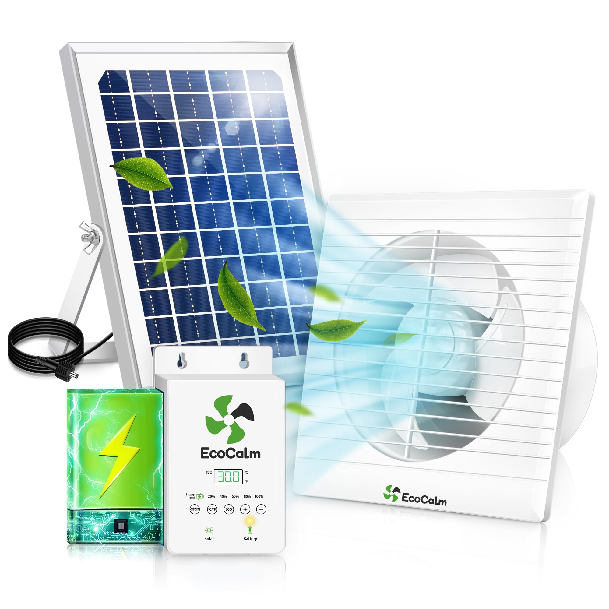 ecoCalm ソーラー換気扇 15cm，排気ファン バッテリー付き充電 & 調節可能サーモスタット付き，ソーラー 扇風機 温室 鶏小屋 ガレージ用 空間を換気して冷却します