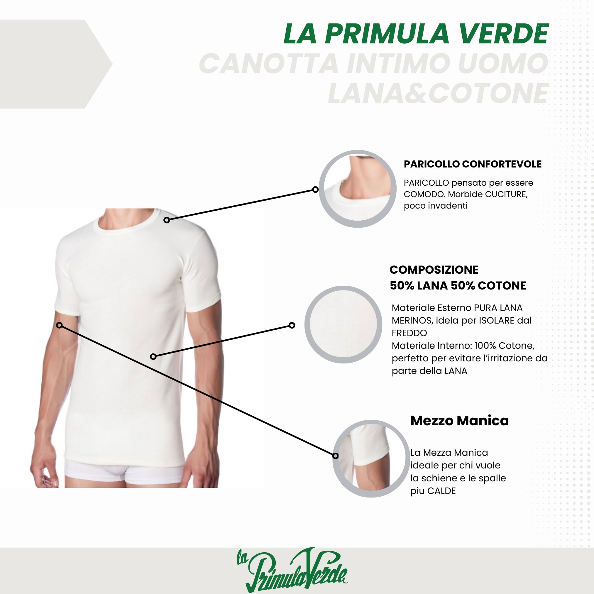 Maglia Intimo Uomo Mezza Manica Lana Esterno e Cotone sulla Pelle, Maglietta Ideale per la Termica Uomo, Running, Palestra, Calcio, Ciclismo, Termica, Made in Italy