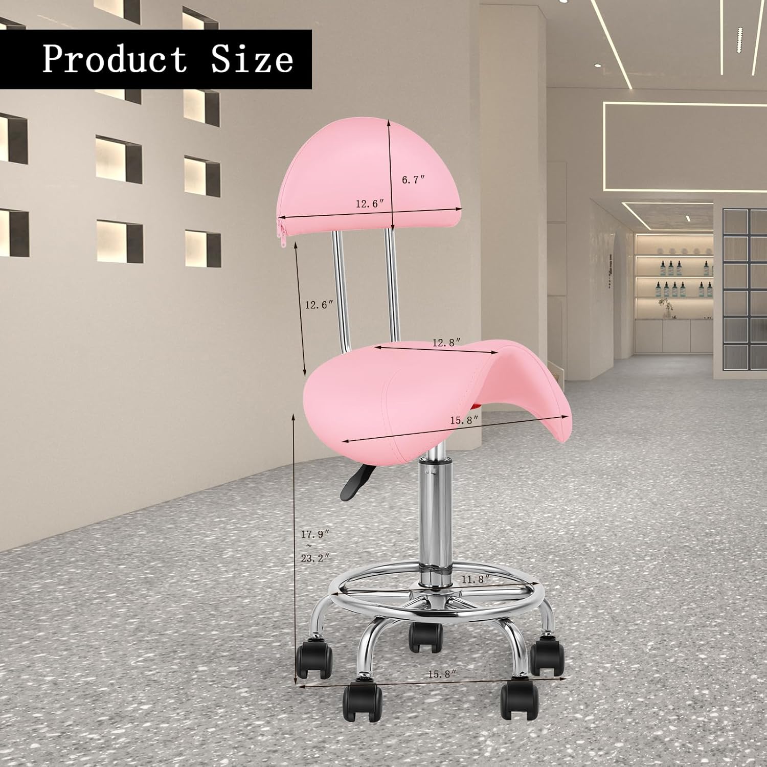 Saddle Chair Rolling Ergonomic Swivel Chair with Soft Comfortable Cushion and Wheels Hydraulic Adjustable Stool for Home Office Dental Tattoo Salon Shop Use with Backrest (Pinksilver)