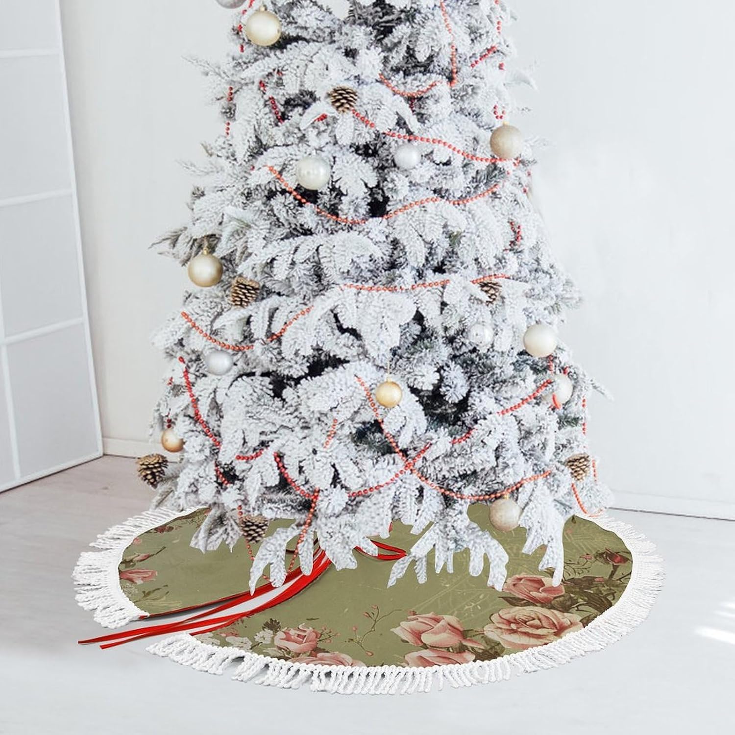 Christmas Tree Skirt Cute Xmas Trees Mat Skirts Personalization Christmas Round Tree Skirts for Holiday Party Decorative Supplies Vintage Scrapbook Rose