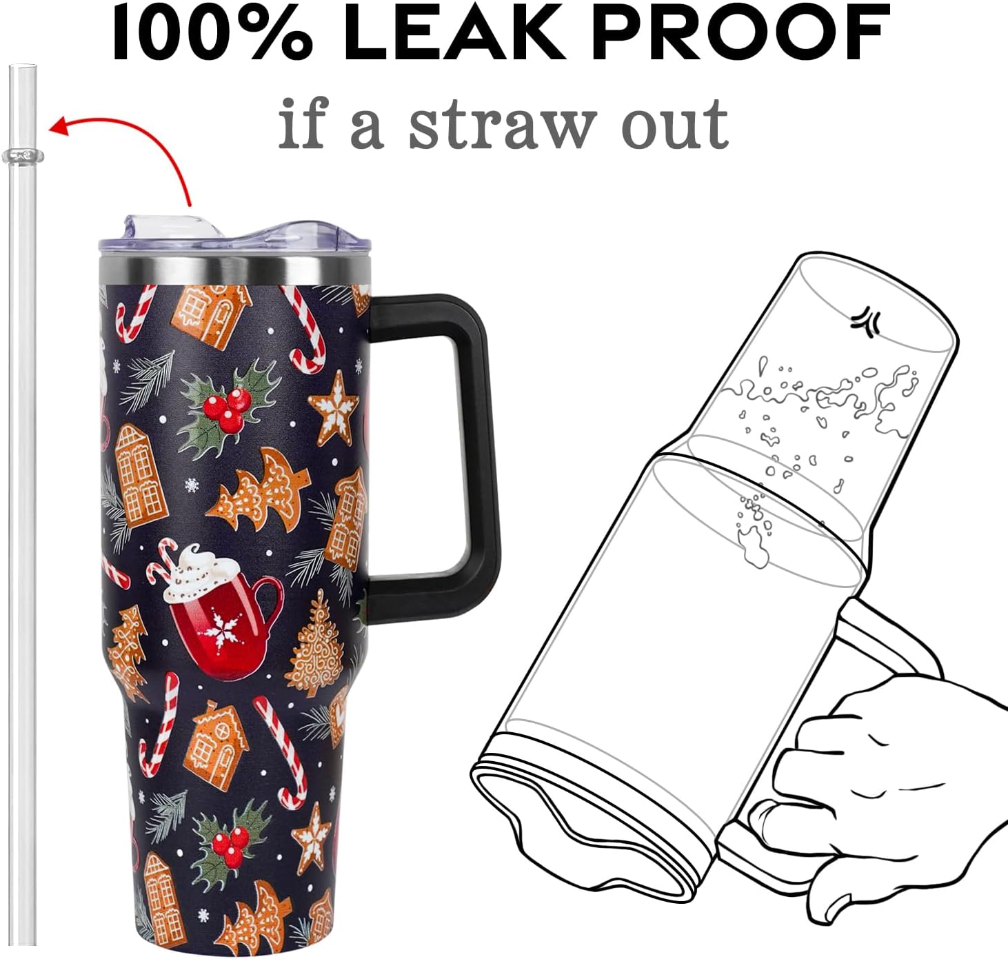 Christmas Tumbler with Handle and Straw Lid 40 oz,Cute Christmas Gifts for Women Gingerbread House Vacuum Insulated Leak Proof Tumbler,Winter Holiday Accessories Stainless Steel Coffee Cup Mug - Image 4