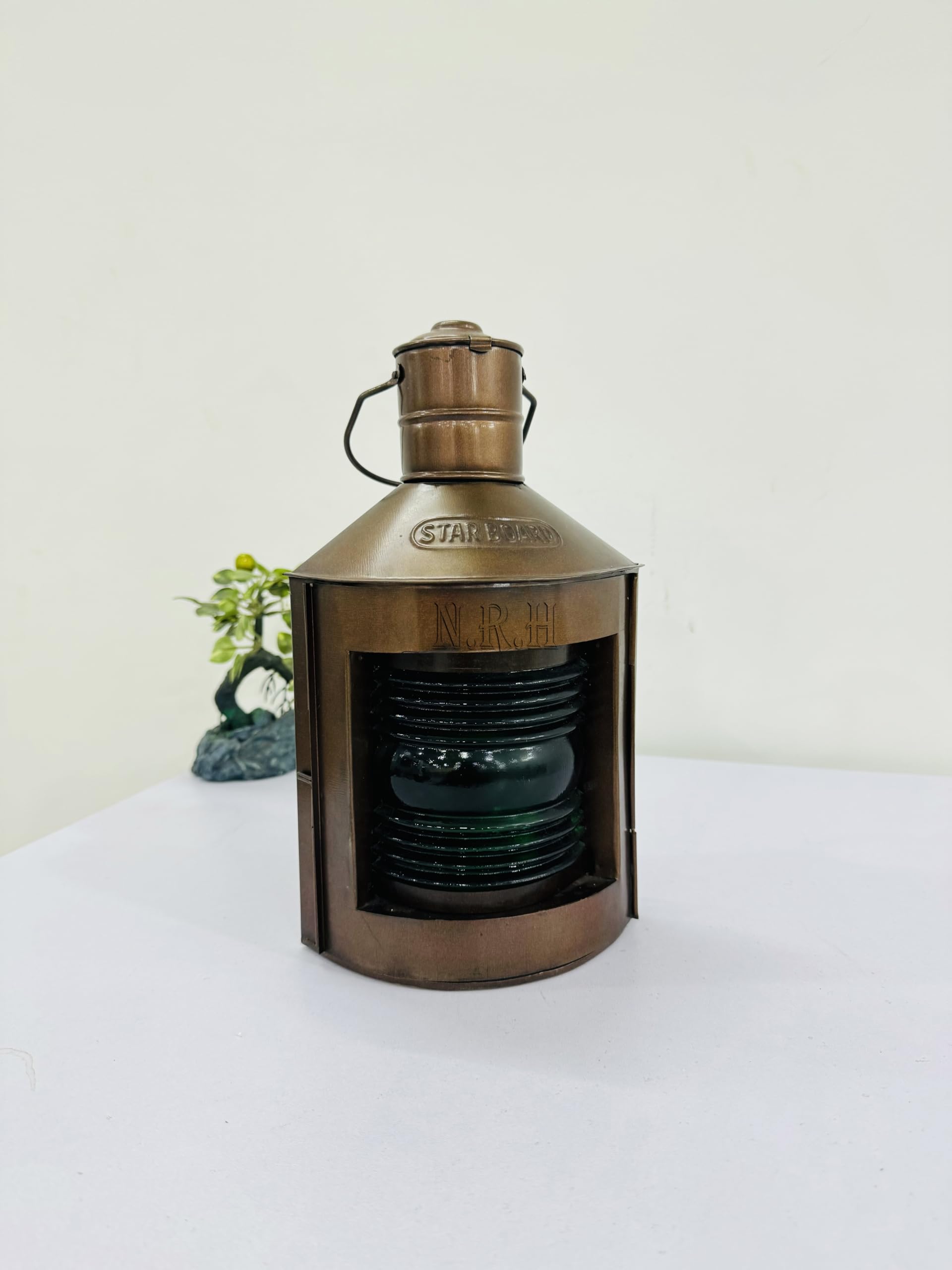 Farol portavelas de Cobre con Estrella de Cobre, Farol de Vela con Cristal Verde, Centro de Mesa Costera para Interiores y Exteriores, decoración Colgante para el hogar
