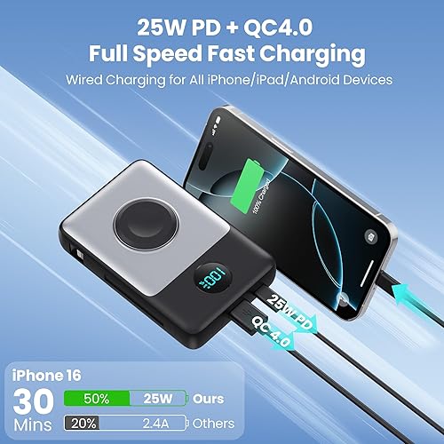 Miniatura 5 de Cargador portátil magnético para iPhone con cable integrado, cargador de batería inalámbrico de 10800 mAh para Magsafe Travel Essential, 6 en 1 25 W