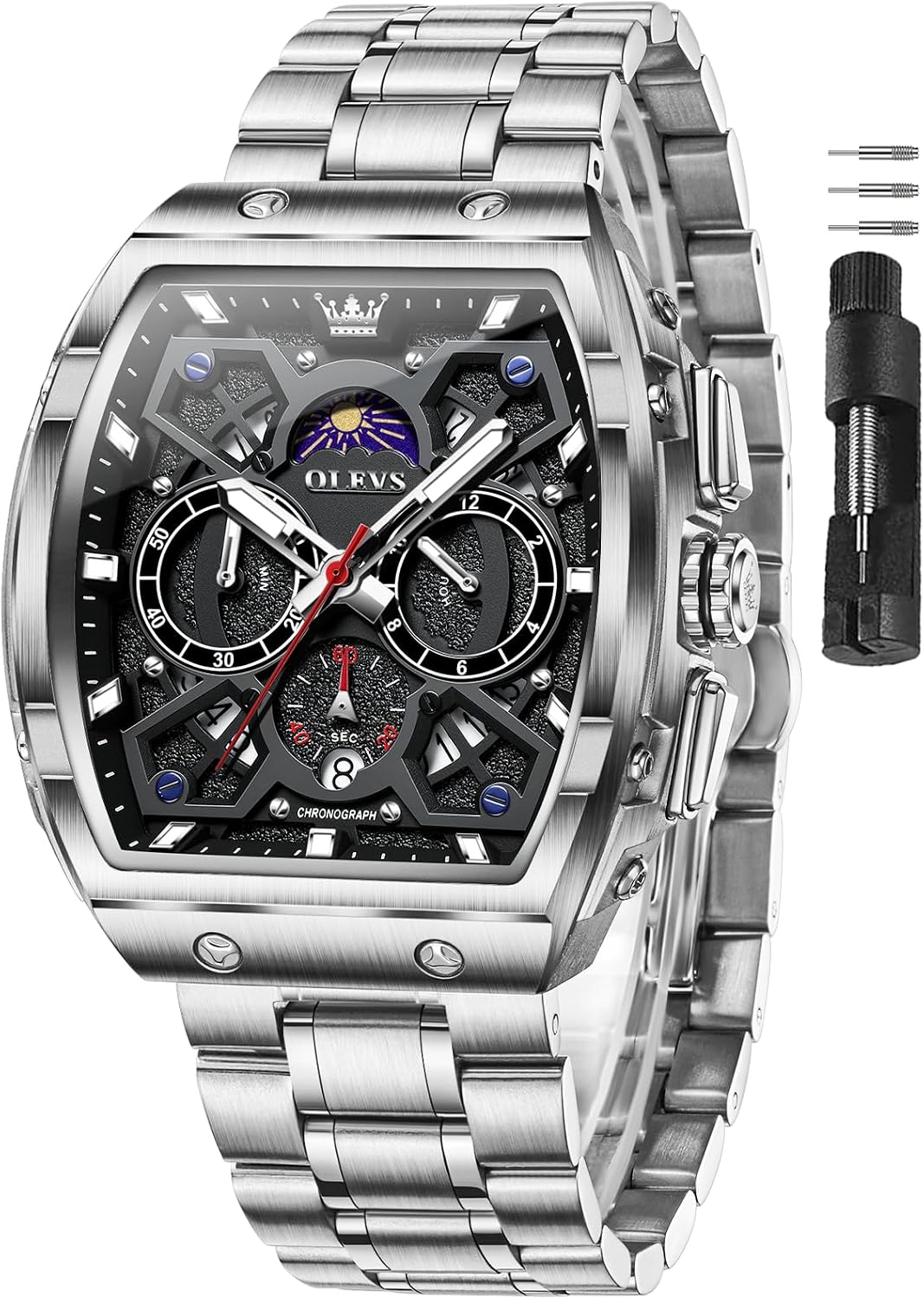 OLEVS Men's Watch Luxury Durable Stainless Steel 3ATM Waterproof Tonneau Watch with Moon Phase,Analog Quartz Chronograph Watches for Men Fashion Mens Watches Relojes para Hombres - Ideal Gift for Him