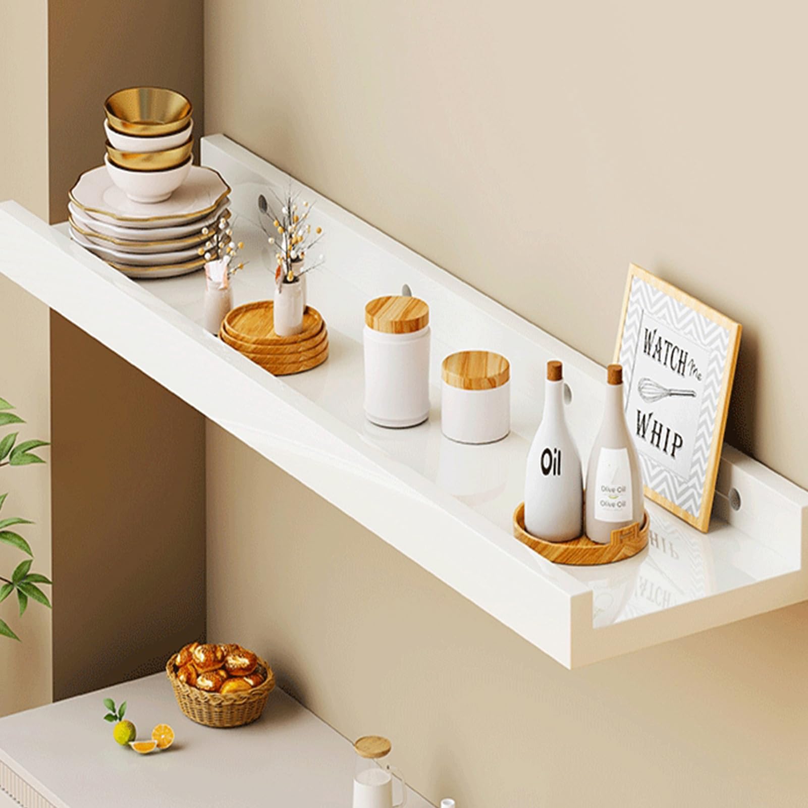 Wandregal Holz, Schweberegal Bilderleiste Regal Wand Schmal für Bilderrahmen und Bücher, wall Shelf für Küche Wohnzimmer Schlafzimmer Arbeitszimmer (Weiß, 60x15cm)