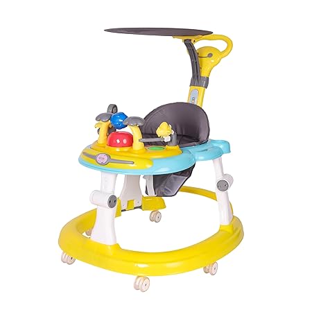 Koko Twita Unisex Anti Fall Toddler Hop, Sit & Stand Walker with Sun Shield and Push Hand Bar, Removable Toy Tray, Music System and Height Adjustments for 9-18 (Yellow)
