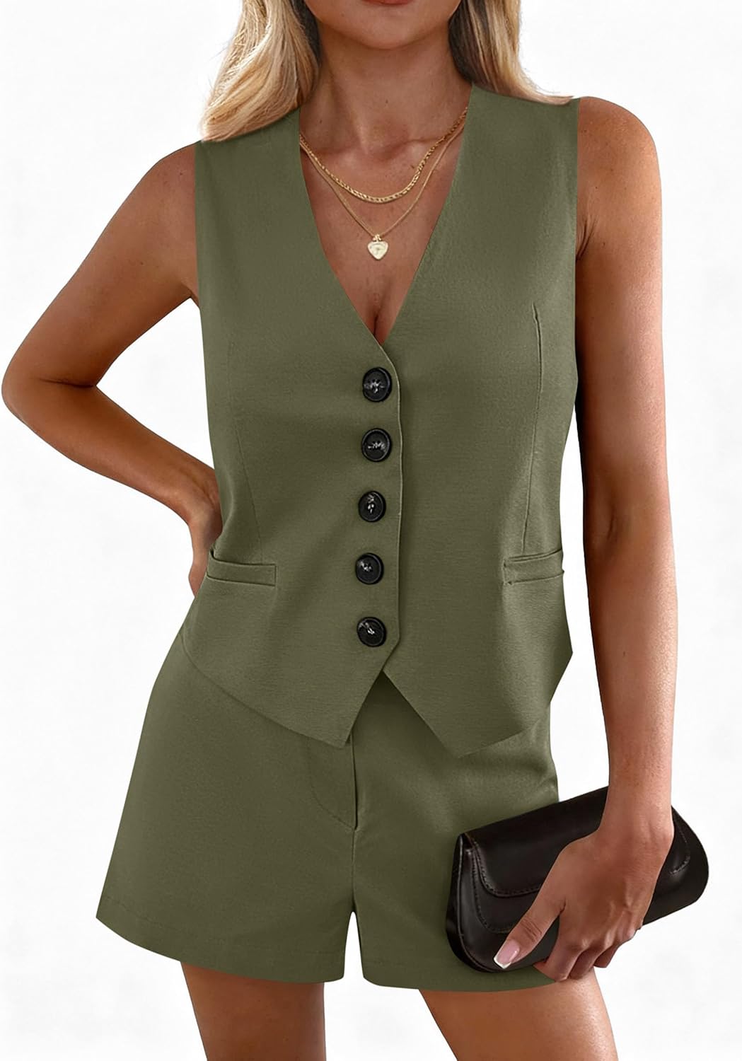 PRETTYGARDEN 2 Piece Sets for Women Spring Fashion 2026 Button Vest Tops High Waist Shorts Summer Business Casual Outfits - Image 7