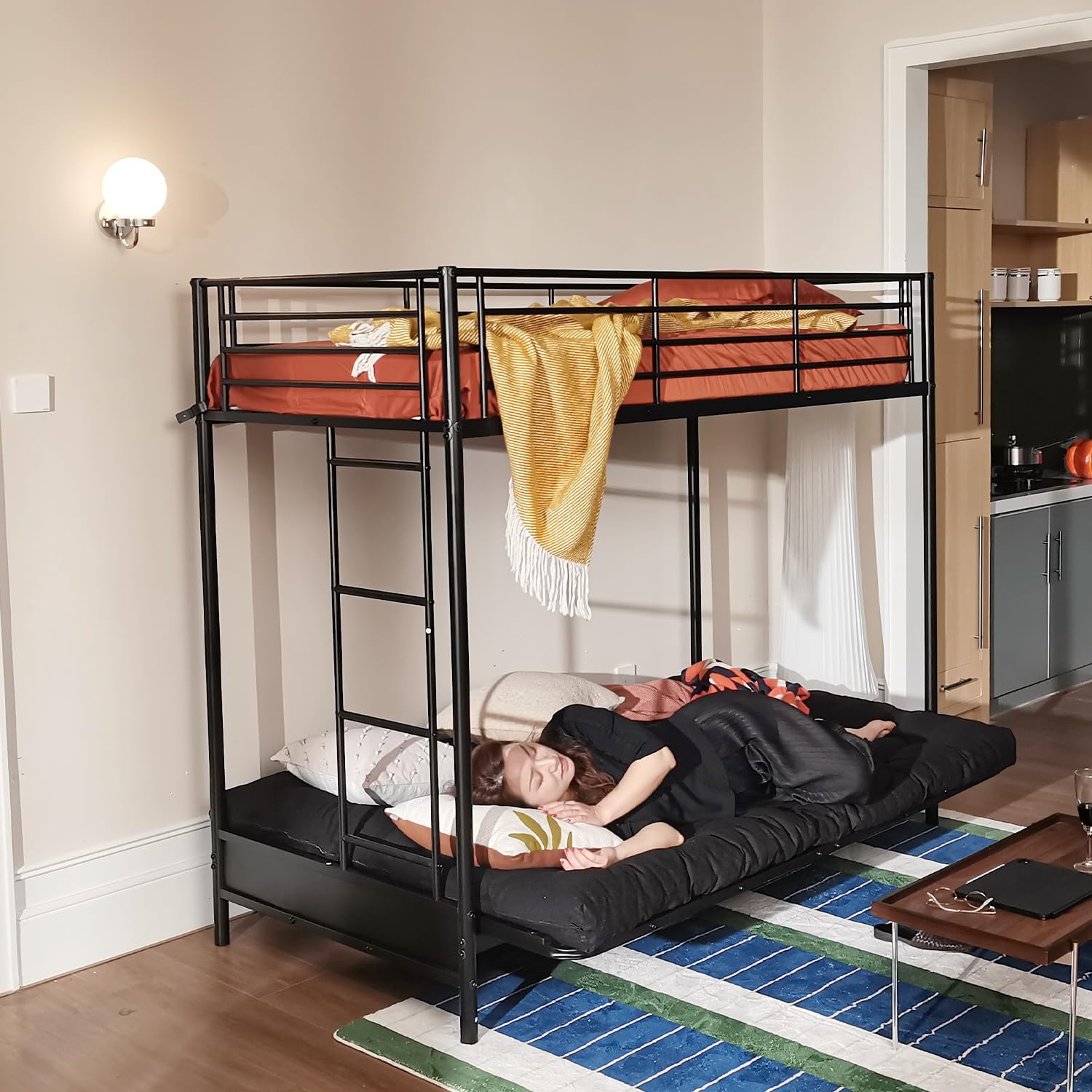 MEUBLE COSY Letto a Castello 90x190 cm con Divano Trasformabile e Rete a Doghe in Metallo, Stile Industriale, Letti per Camerette, Bambini, Adulti, Casa, Nero