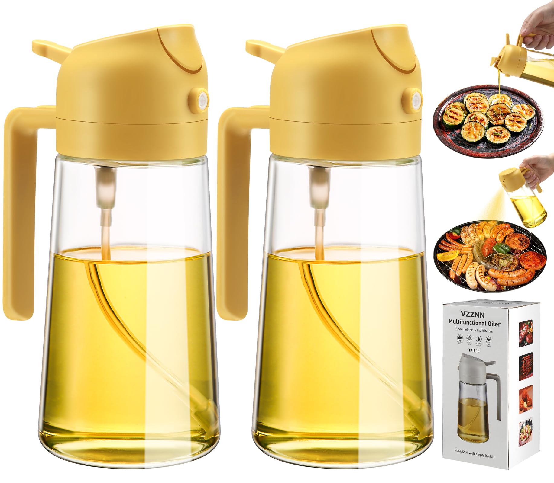VZZNN Set 2 Flaconi Spray Per Olio Da Cucina In Vetro 470ml | Erogatore E Spruzzatore 2-in-1 Per Friggitrice Ad Aria, Insalate E Cotture Sane - 3