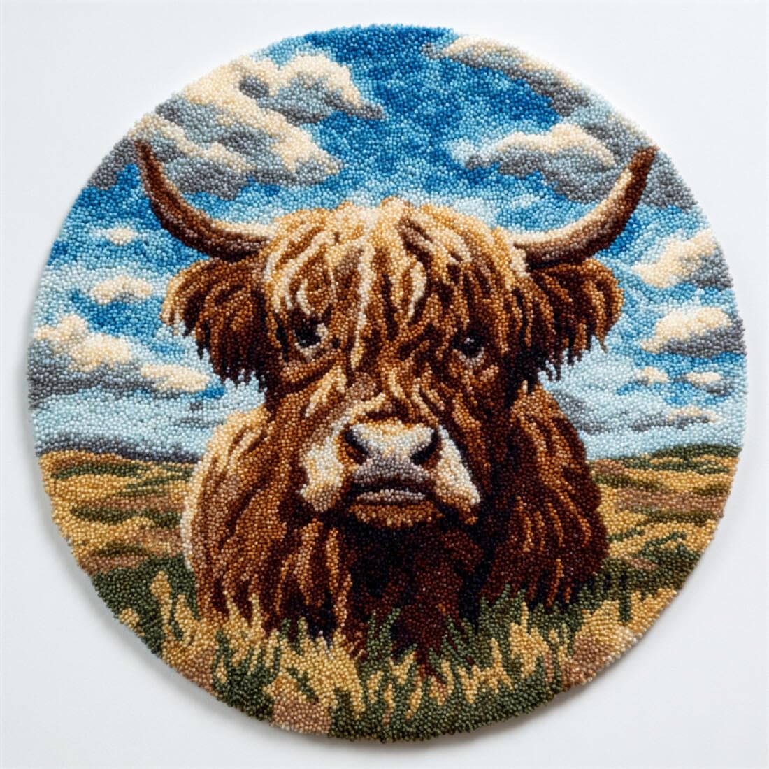 Rqwybcaxn DIY Latch Hook Rug Kit for Beginners Animal Crochet Starter Kit Cartoon Highland Cattle 60x60cm Round Tapestry with Crochet Hook Bedroom Craft Gift