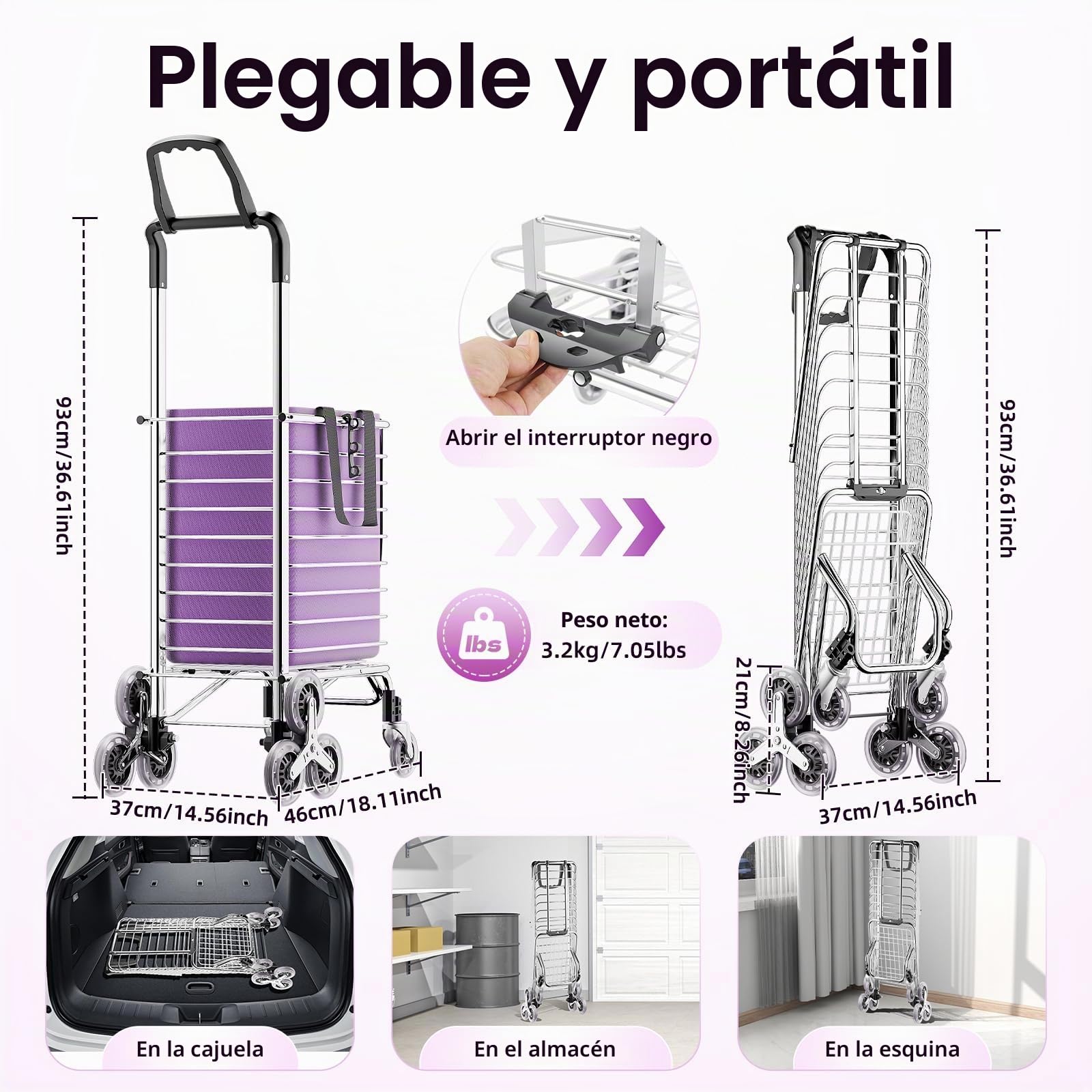 Carro de la compra plegable de aluminio 40 kg – Carro de la compra plegable con bolsa impermeable – Carro de la compra para escaleras con capacidad de carga de 88 libras – 35 L, ruedas, ganchos