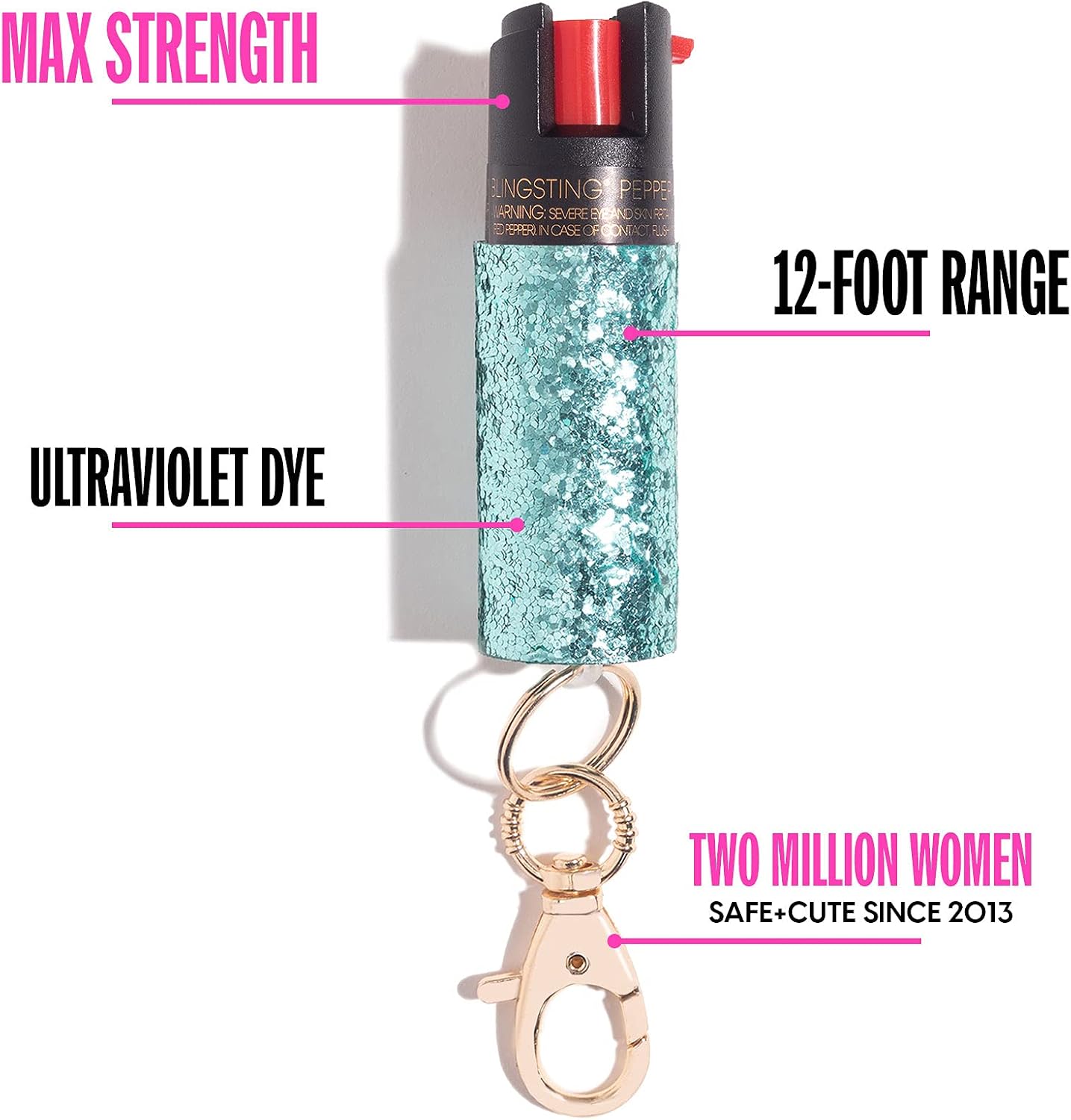 Pepper Spray Maximum Strength Self Defense Keychain for Women, 12-Foot Spray Range & UV Dye - Glitter