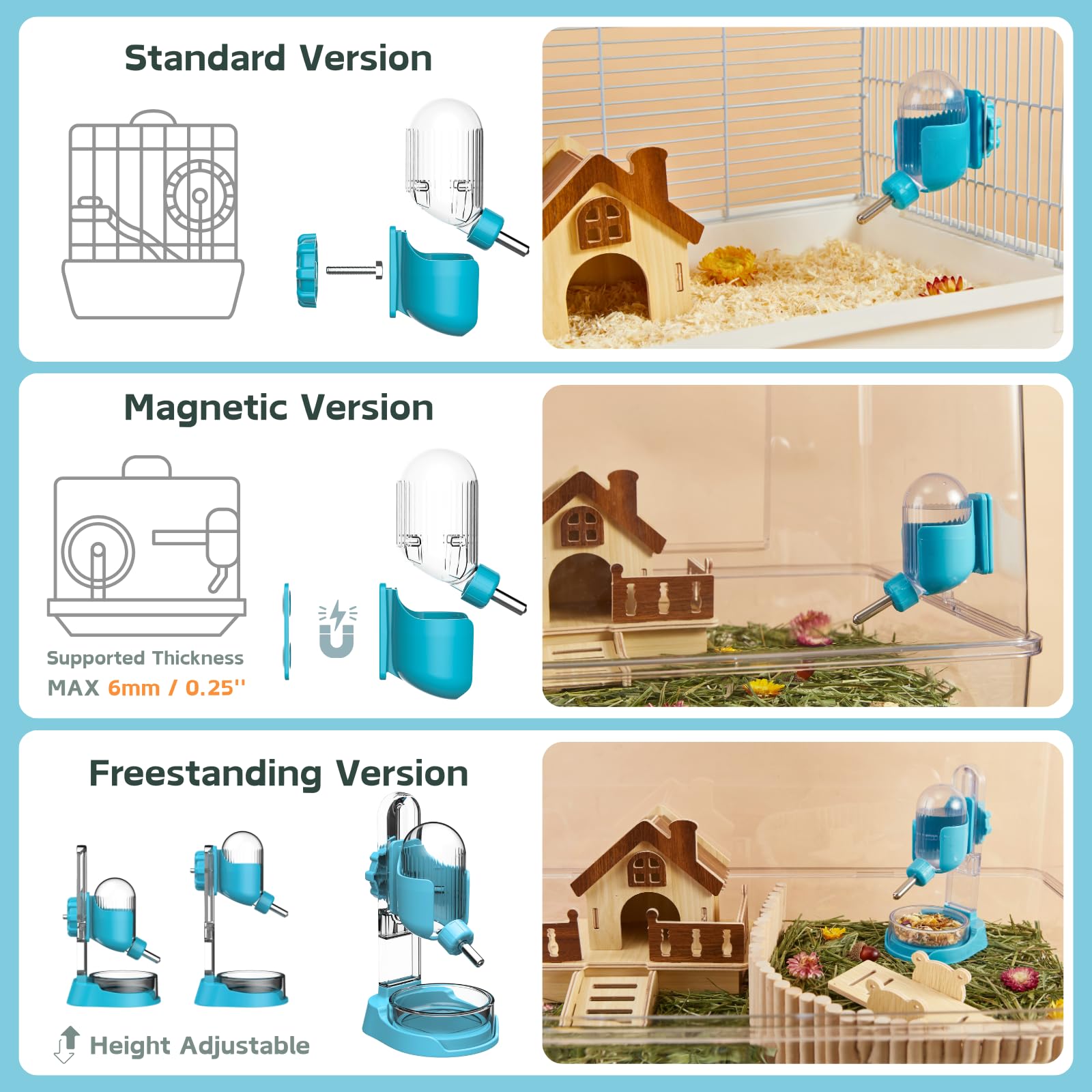Bouteille d'eau pour Hamster avec Support, Distributeur d'eau de 100 ML avec Bol de Nourriture pour Hamsters Syriens, Hamsters Nains, Souris, Rats, Dégus (Bleu, P1692- Autoportant)