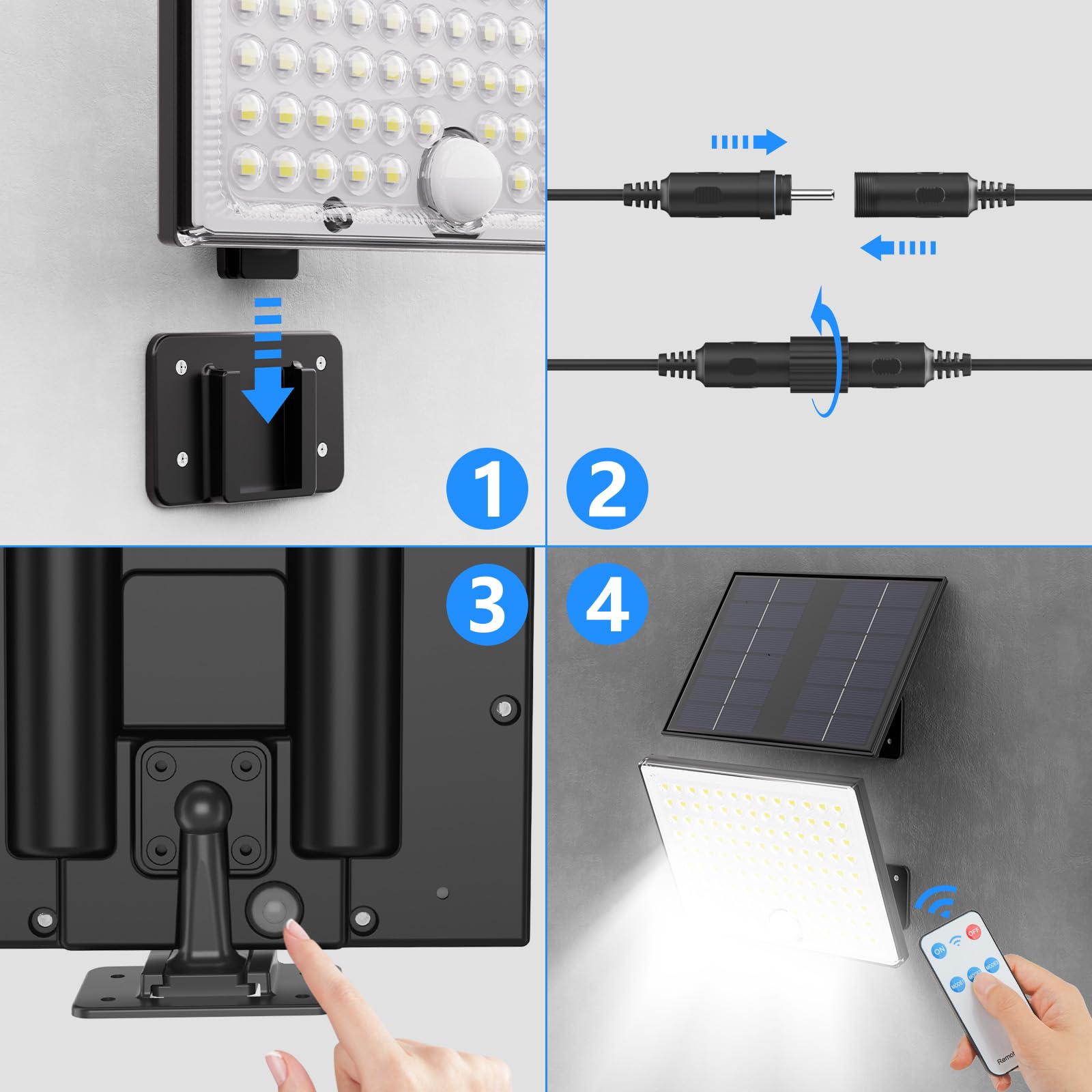 Luz Solar con Sensor de Movimiento, Foco Exterior con Control Remoto, 2000mAh 3 Modos IP65 Impermeable, Luces Led para Jardín, Lámpara con Cable de 5M, 1 Pieza