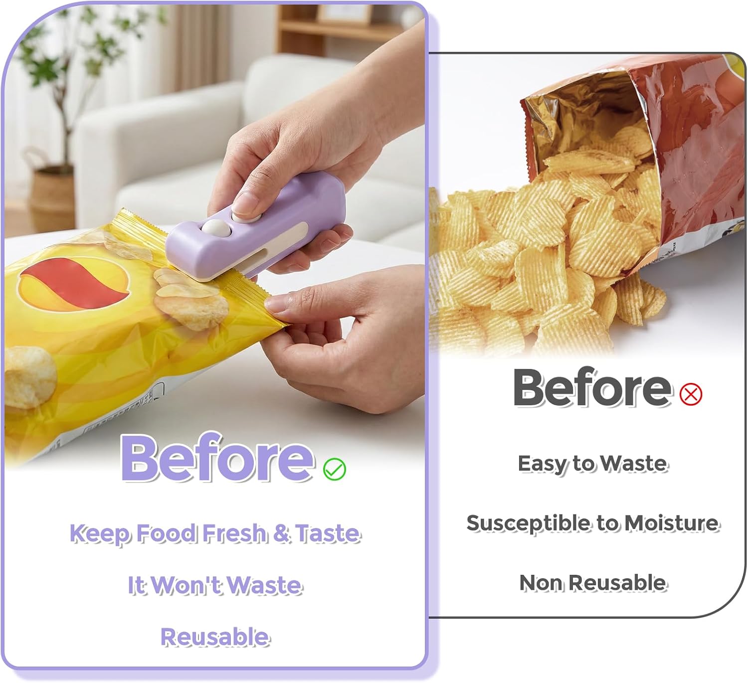 Tiiyee Mini Bag Sealer, 2 in 1 Rechargeable Mini Bag Sealer with Cutter and Magnet, Handheld Plastic Bag Sealing Machine Portable Resealer for Chip Food Freshness Storage Snacks Small Package(Purple)