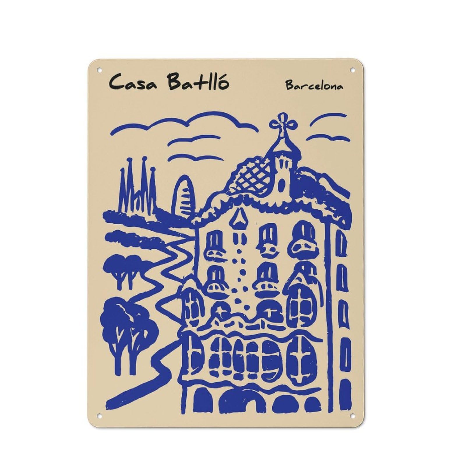 Junmoney Style-6 Casa Batlló Barcelona Sketch Rustic Tin Sign 40X30cm For Garden Room Or Summerhouse, For An Autumn Wall Display In Garden Room And Summerhouse