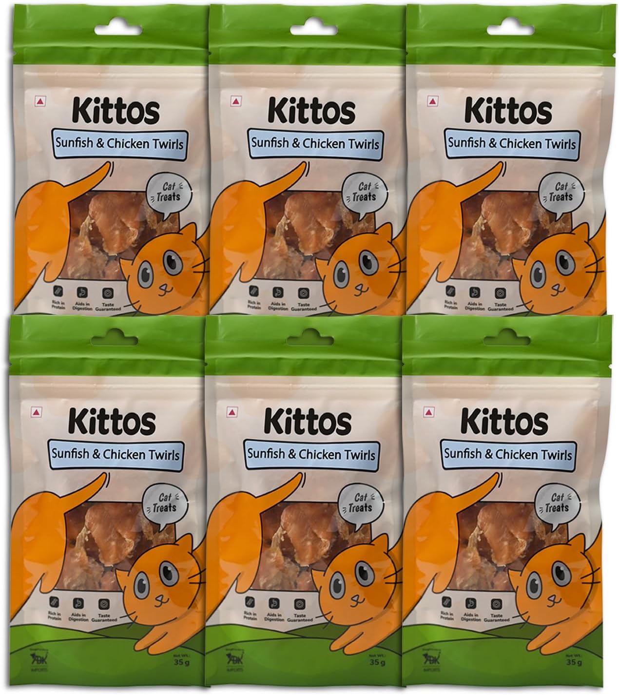 Kittos Sunfish & Chicken Twirls Cat Treats โ High Protein, Low Fat Natural Dry Snacks for Cats of All Life Stages, Easily Digestible, 35g Each (Pack of 6)