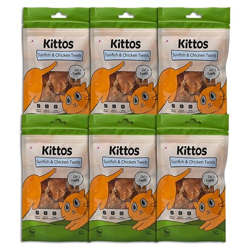 Kittos Sunfish & Chicken Twirls Cat Treats – High Protein, Low Fat Natural Dry Snacks for Cats of All Life Stages, Easily Digestible,cat Treats for Adult 35g Each (Pack of 6)