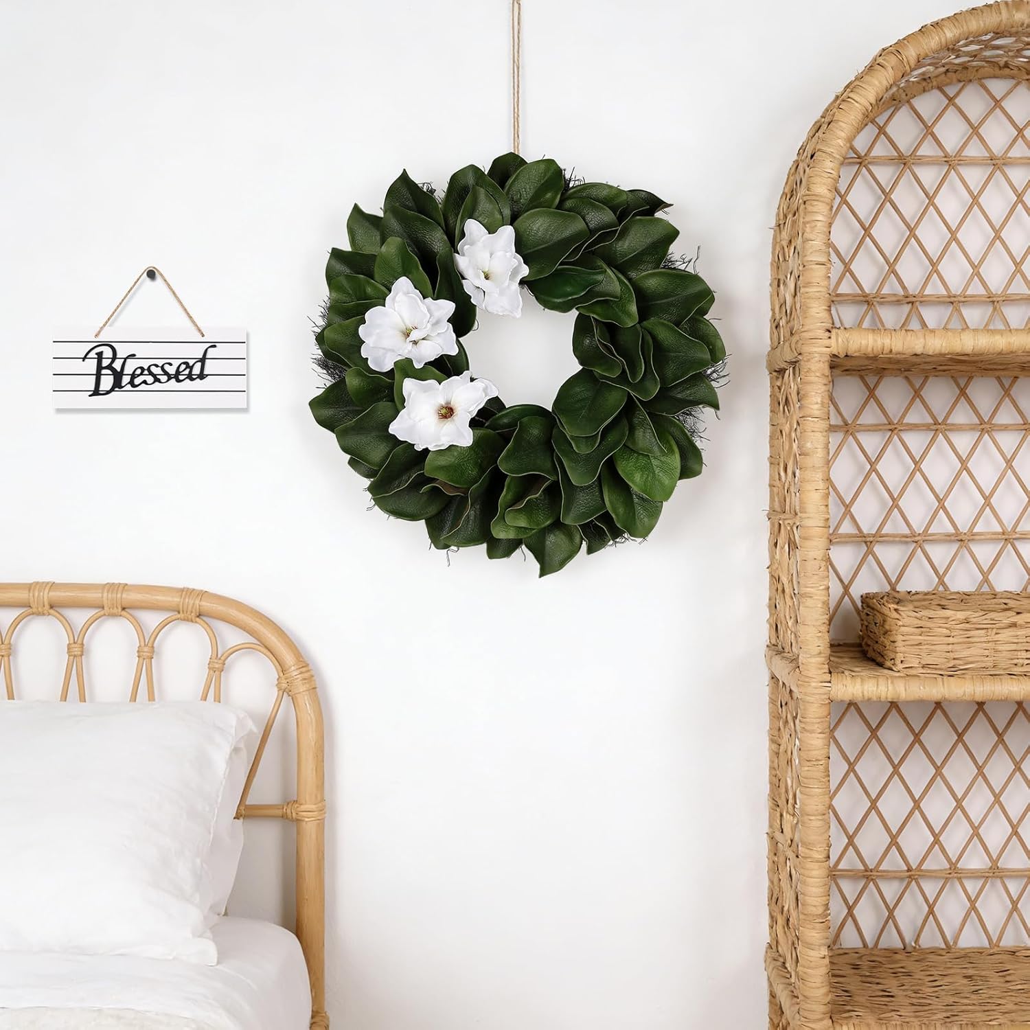 24 Inch Artificial Magnolia Wreath for Front Door, Green Leaf Wreath with Sash Ribbon, All Season Farmhouse Indoor Outdoor Decor, Wedding Holiday Housewarming Birthday Gift for Mom