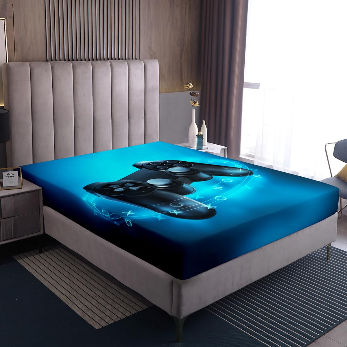 Loussiesd Boys Game Fitted Sheet 100% Microfiber Breathable Video Game Gamepad Gaming Only Bedsheet No Pillowcases Fitted Sheets Luxury Blue Double(135x200+30cm)