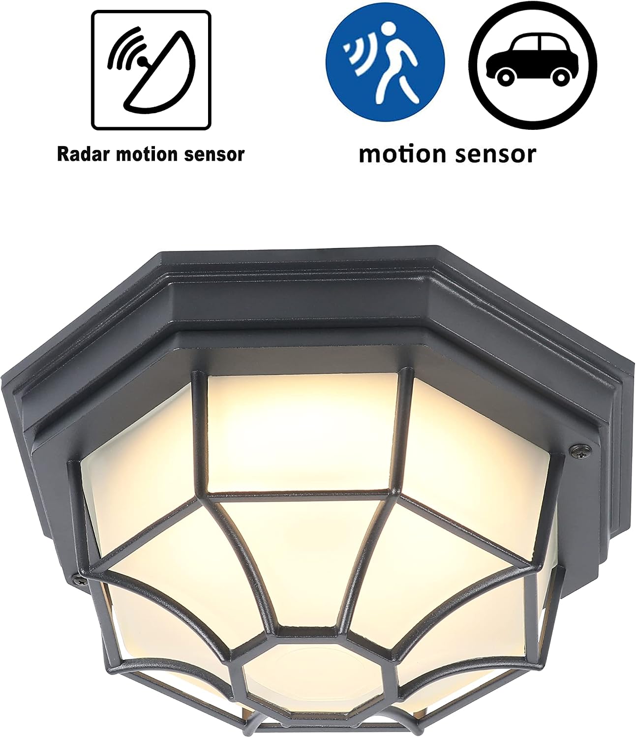 c cattleya LED Motion Sensor Ceiling Light Fixture Outdoor Flush Mount Dusk to Dawn Matte Black Aluminum Indoor Ceiling Light Fixture with Frosted Glass for Front Porch Garage Entrance Hallway