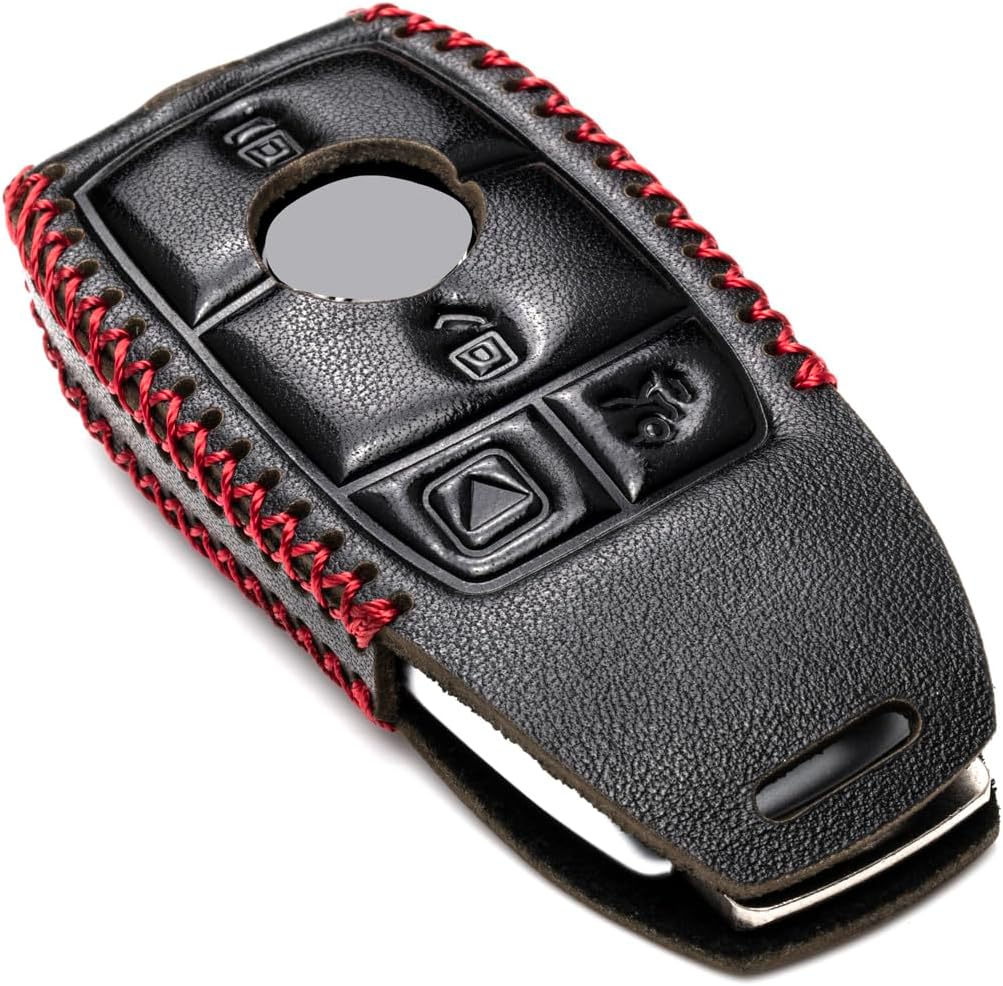 Vitodeco Genuine Leather Smart Key Fob Case with Leather Key Strap Compatible for Mercedes-Benz A, C, E, S, CLA, CLS, GLA, GLB, GLC, GLE, GLS, G Glass (2017 - 2024) - 4-Button, Black/Red - Image 2