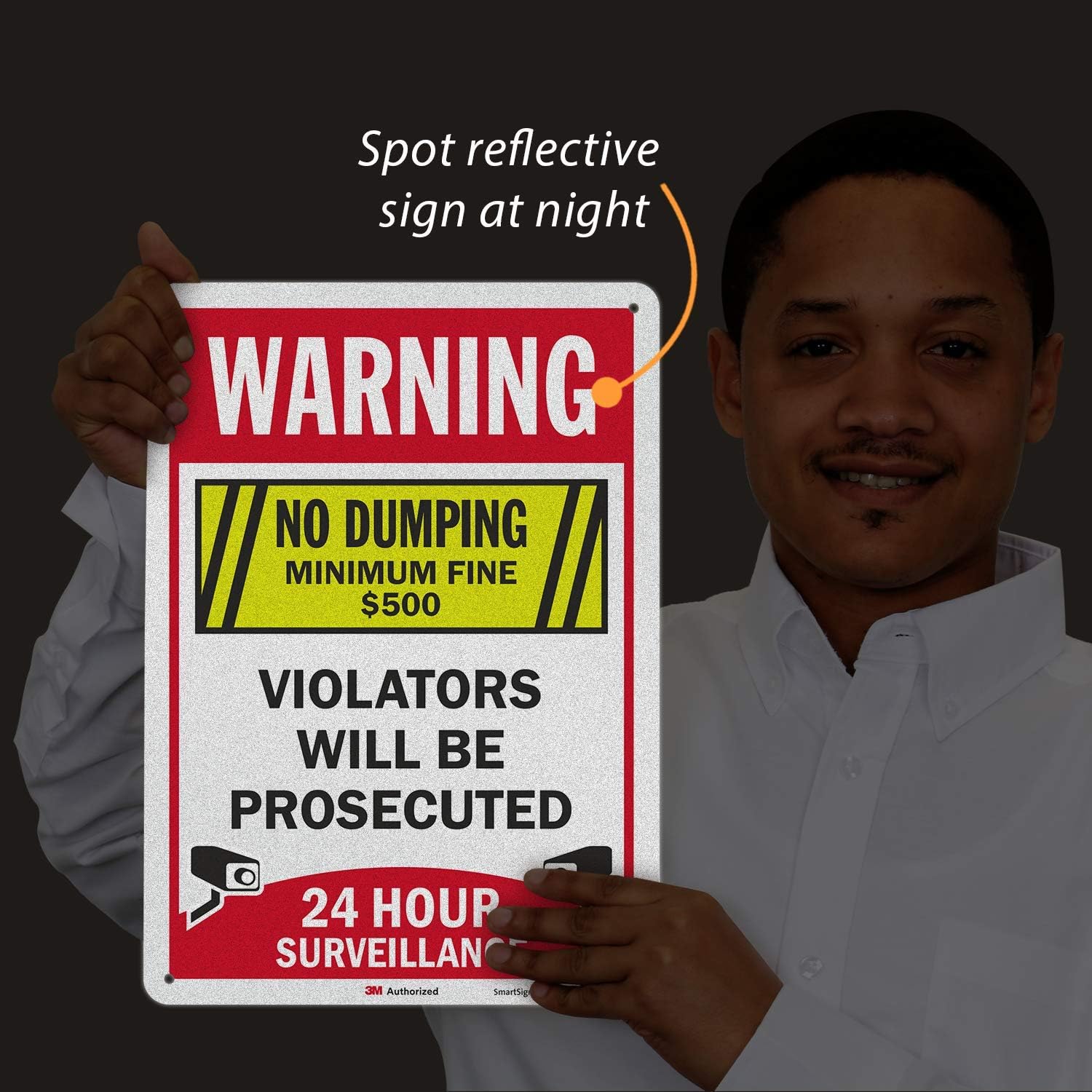SmartSign “No Dumping, Minimum Fine $500, 24 Hour Surveillance, Violators Will Be Prosecuted” Sign | 10" x 14" 3M Engineer Grade Reflective Aluminum, Made in USA