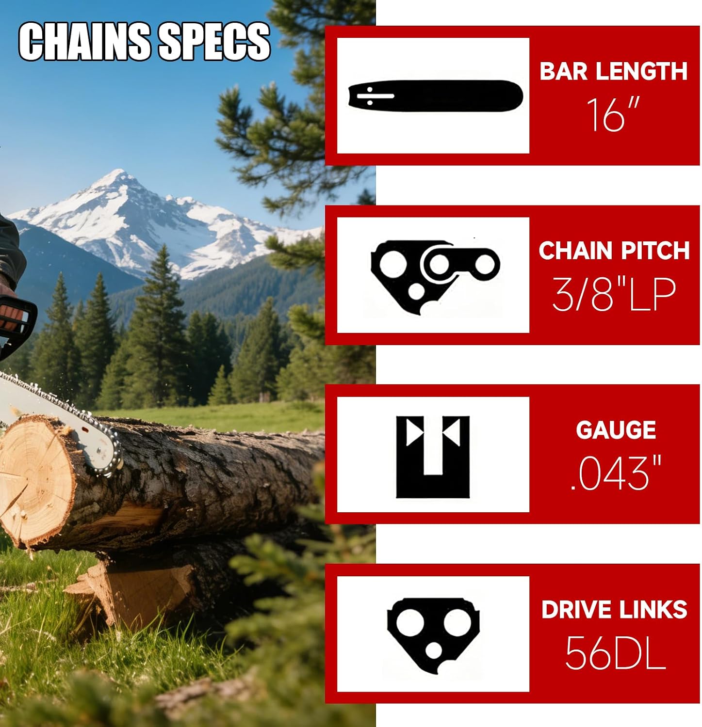 5 Pack 16 Inch Chainsaw Chain 3/8" LP Pitch .043" Gauge 56 Drive Links Fits Milwaukee M18 FUEL, Ego CS1613, Dewalt DCCS690-49162715, DWO1DT616