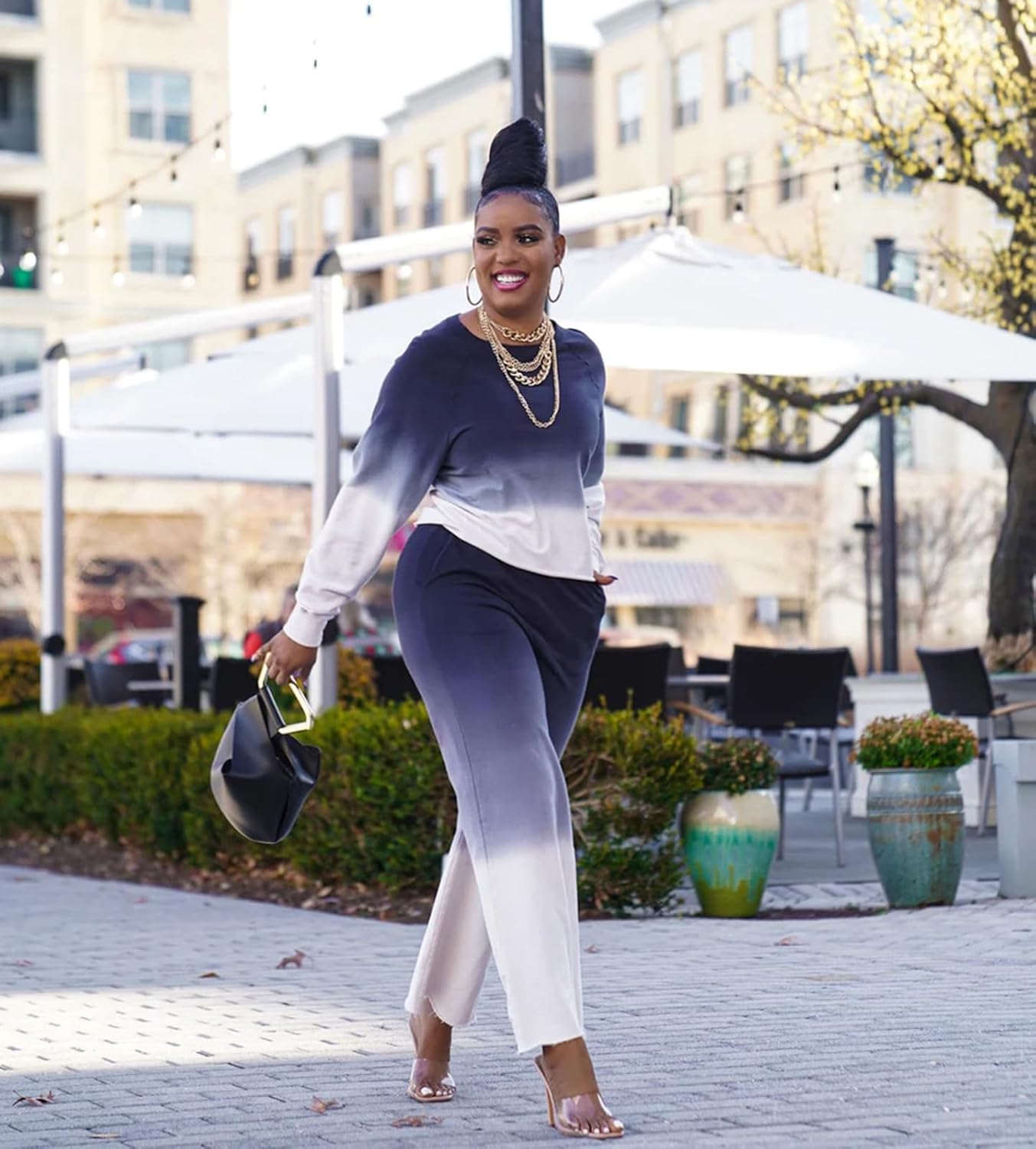 2 Piece Outfits for Women Tracksuit Dip Dye Long Sleeves Crewneck Pullover Top Wide Legs Long Pants Sport Lounge Set - Image 3