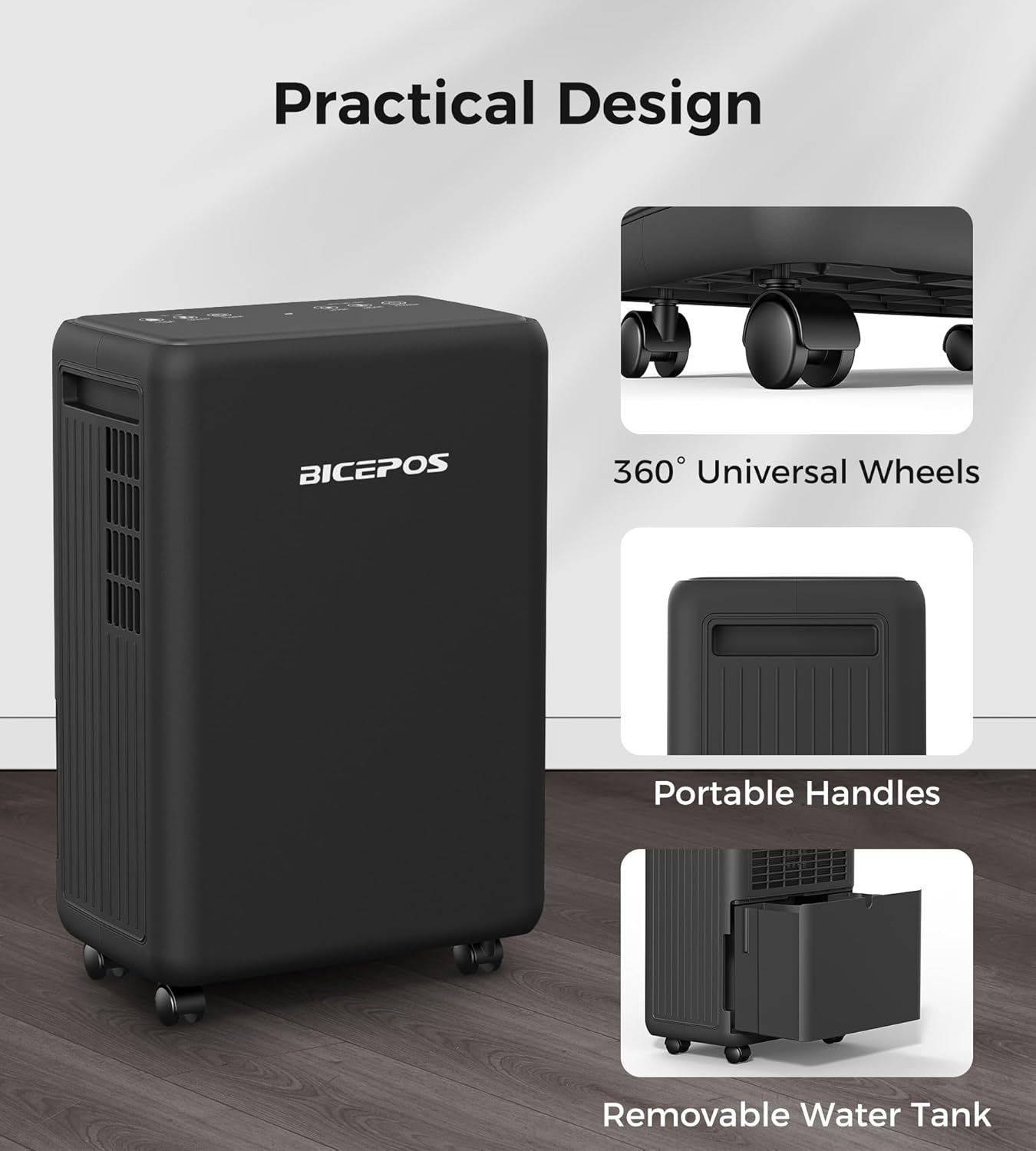 Bicepos Dehumidifier with 360-degree wheels, portable handles, and removable water tank