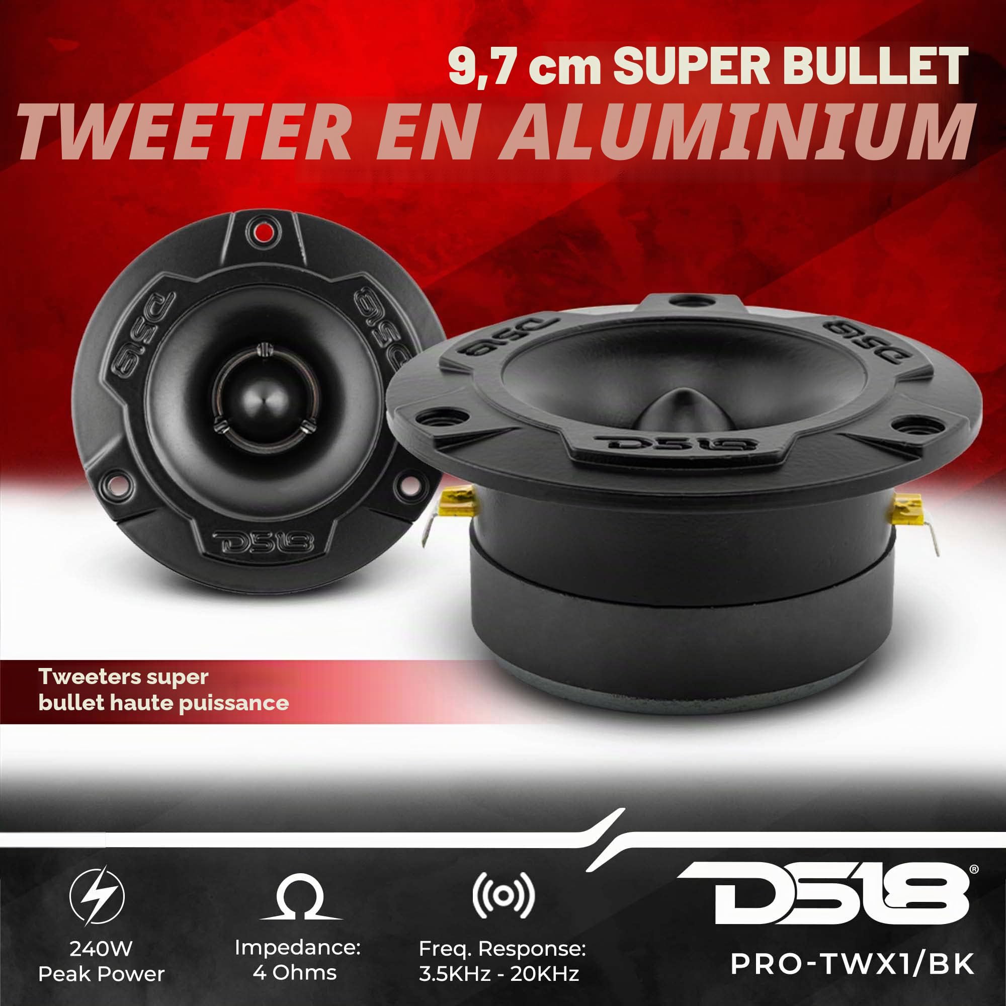 DS18 Pro-X6.4BMPK Ensemble Complet Moyen et Haut – Comprend 2 Haut-parleurs médiums de 16,5 cm et 2 tweeters Super Bullet en Aluminium de 2,5 cm – Haut-parleurs de Porte pour système Audio stéréo de