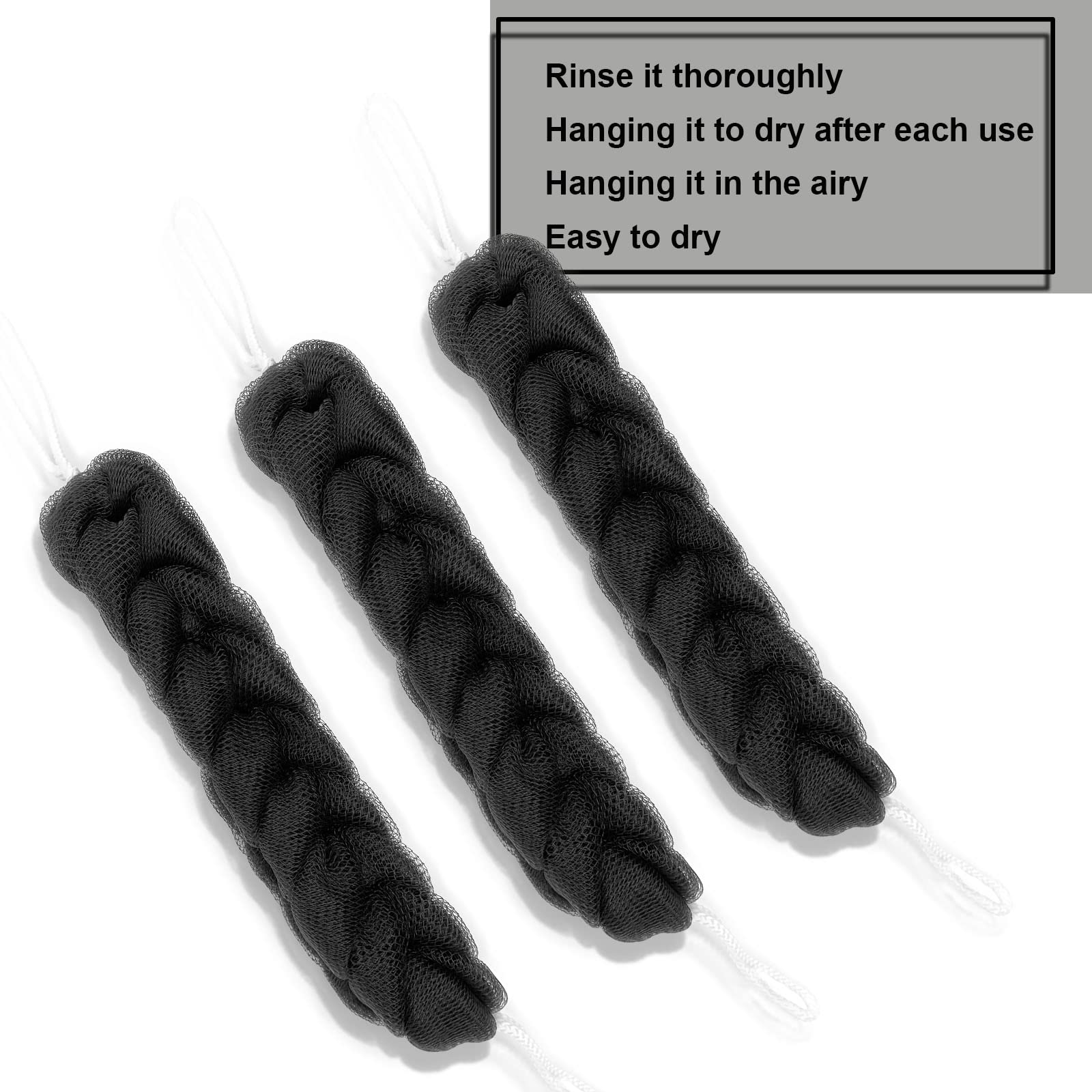 PPHAO - Paquete de 3 esponjas de carbón para ducha - Esponja larga de lufa para mujer - Esponja de baño - Esponja de lufa para la ducha exfoliante para hombres y mujeres - 21.5 pulgadas - Loofah negra