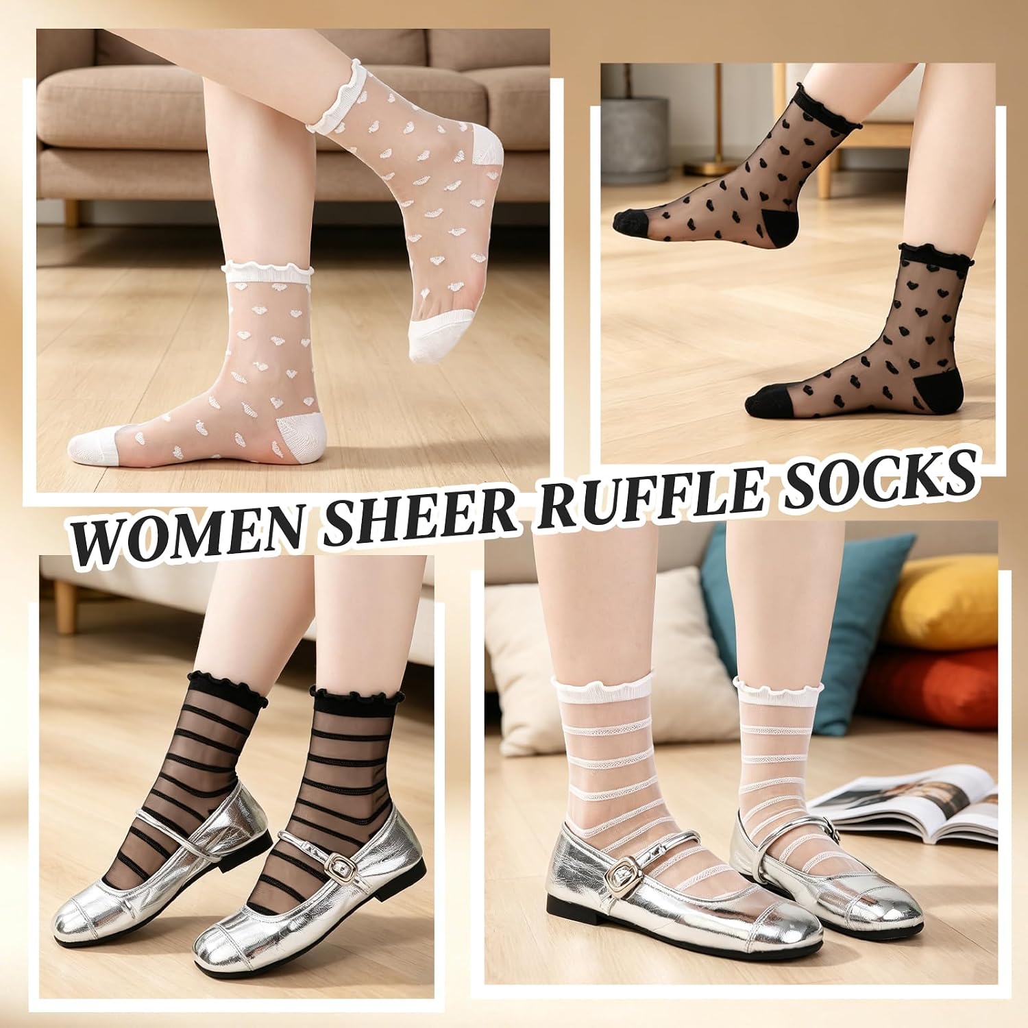 Women’s Sheer Socks, Black Ruffle Ankle Socks with Heart image 2