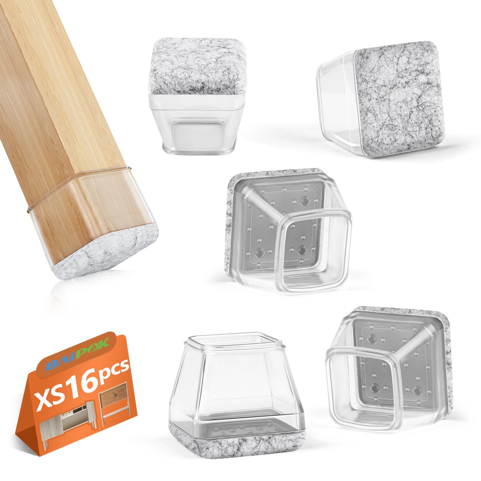 Photo 1 of 16Pcs Square Chair Leg Floor Protectors with Thickened Felt Pads Silicone Chair Leg Covers Caps to Protect Hardwood Tile Floors Furniture Feet Reduce Noise (Clear XS Fit 0.55"-0.75")