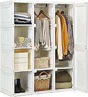 Tangkula Portable Closet Wardrobe with 8 Cubbies & 2 Hanging Rods, Foldable Organizer, Magnet Doors, Easy Assembly Bedroom Armoire